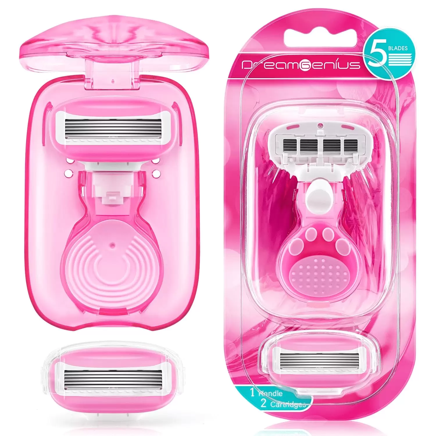 Travel Razors for Women Include 1 Handle and 2 Cartridges. Portable 5-Blade Mini Razor with Travel Case. The Best Travel Size Toiletries for Women. Pink