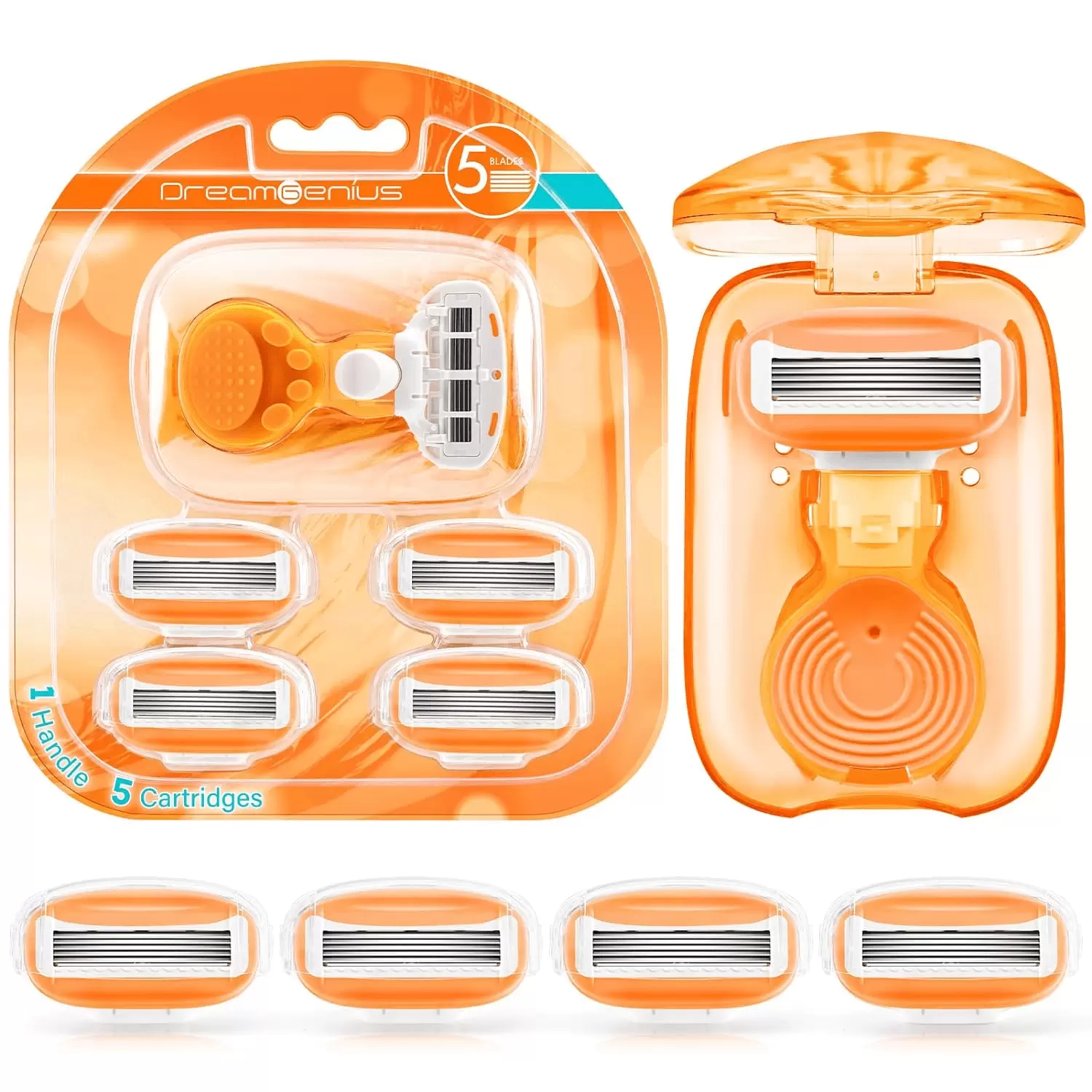 Travel Razors for Women Include 1 Handle and 5 Cartridges. Portable 5-Blade Mini Razor with Travel Case. The Best Travel Size Toiletries for Women. Orange