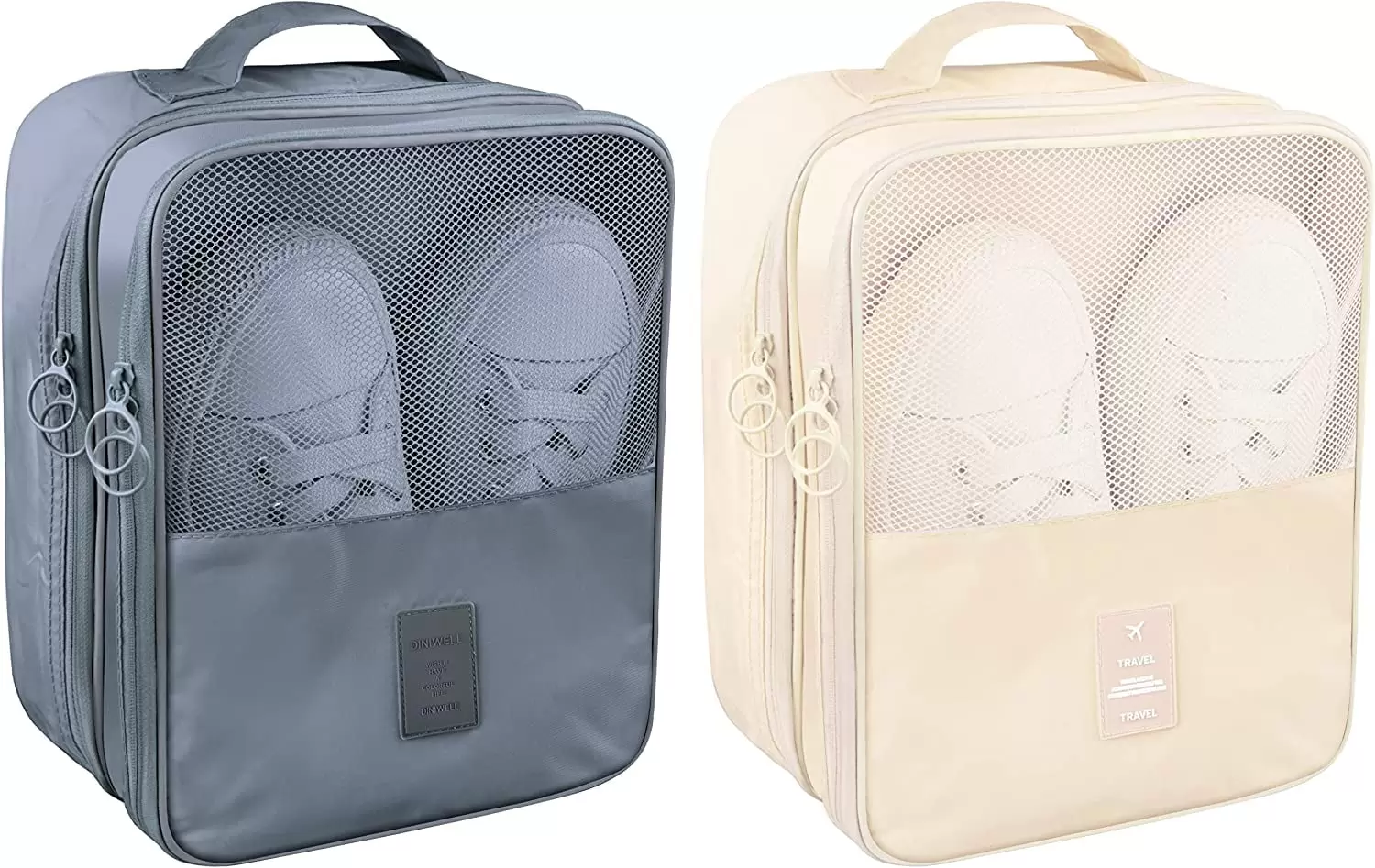 Travel Shoe Bags. 2 Pcs of Shoe Organizers Set for Suitcase. Hold 3 Pair of Shoes. Waterproof Shoe Packing Cubes for Travel and Daily Use. (Grey+Beige)