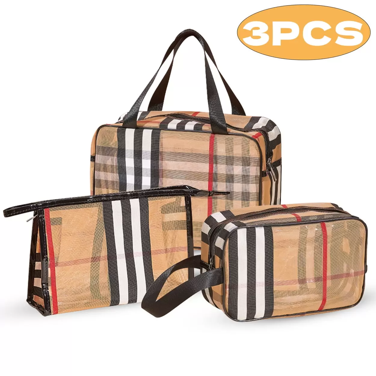 Travel Toiletry Bag Set: Plaid Striped Transparent Waterproof Makeup Bag Organizer for Women and Girls. Includes 3 Pieces for Convenient Travel Accessories Storage