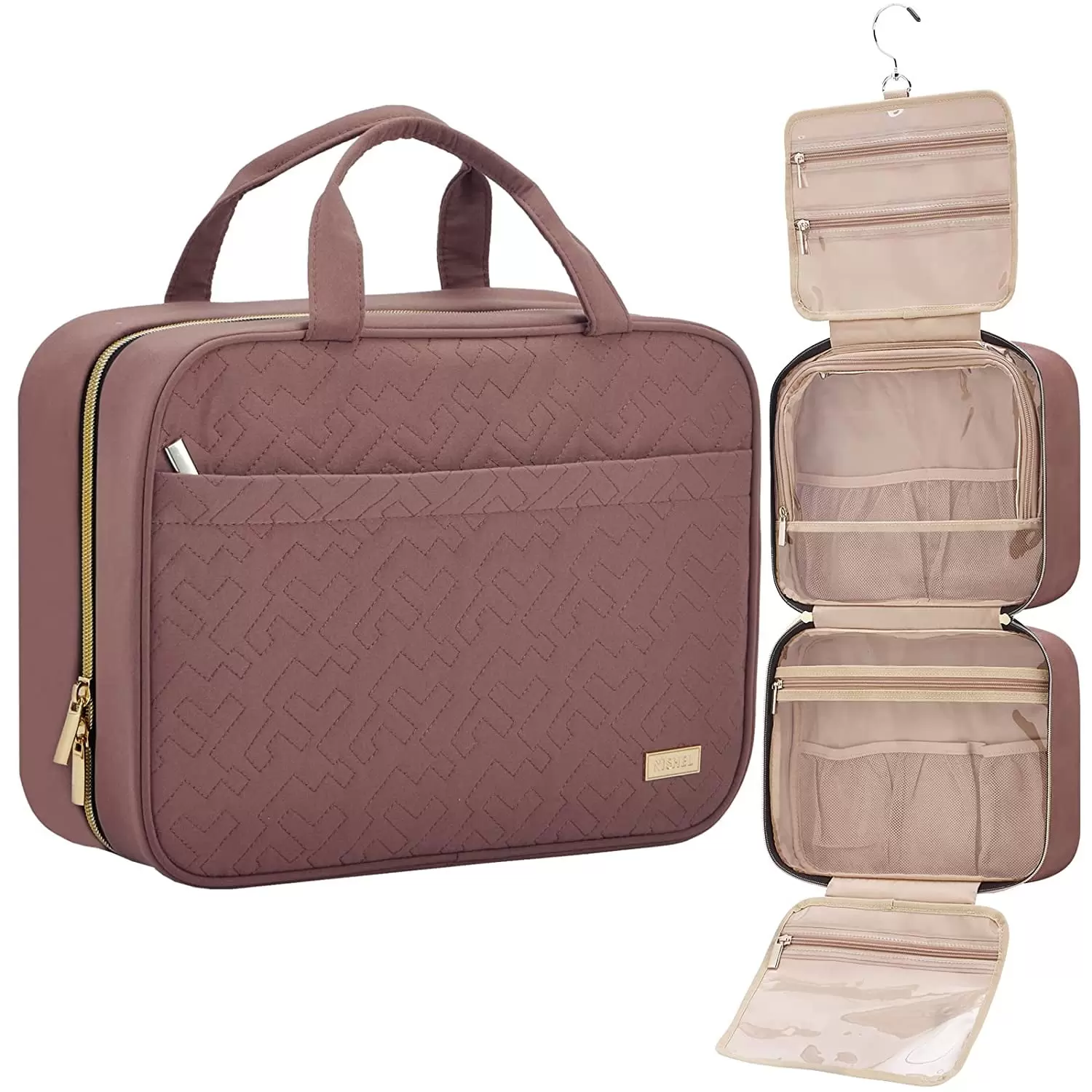 Travel Toiletry Bag for women. Portable Hanging Organizer for Full-Sized Shampoo. Conditioner. Brushes Set. Travel-Size Accessories. Rosewood-Pink