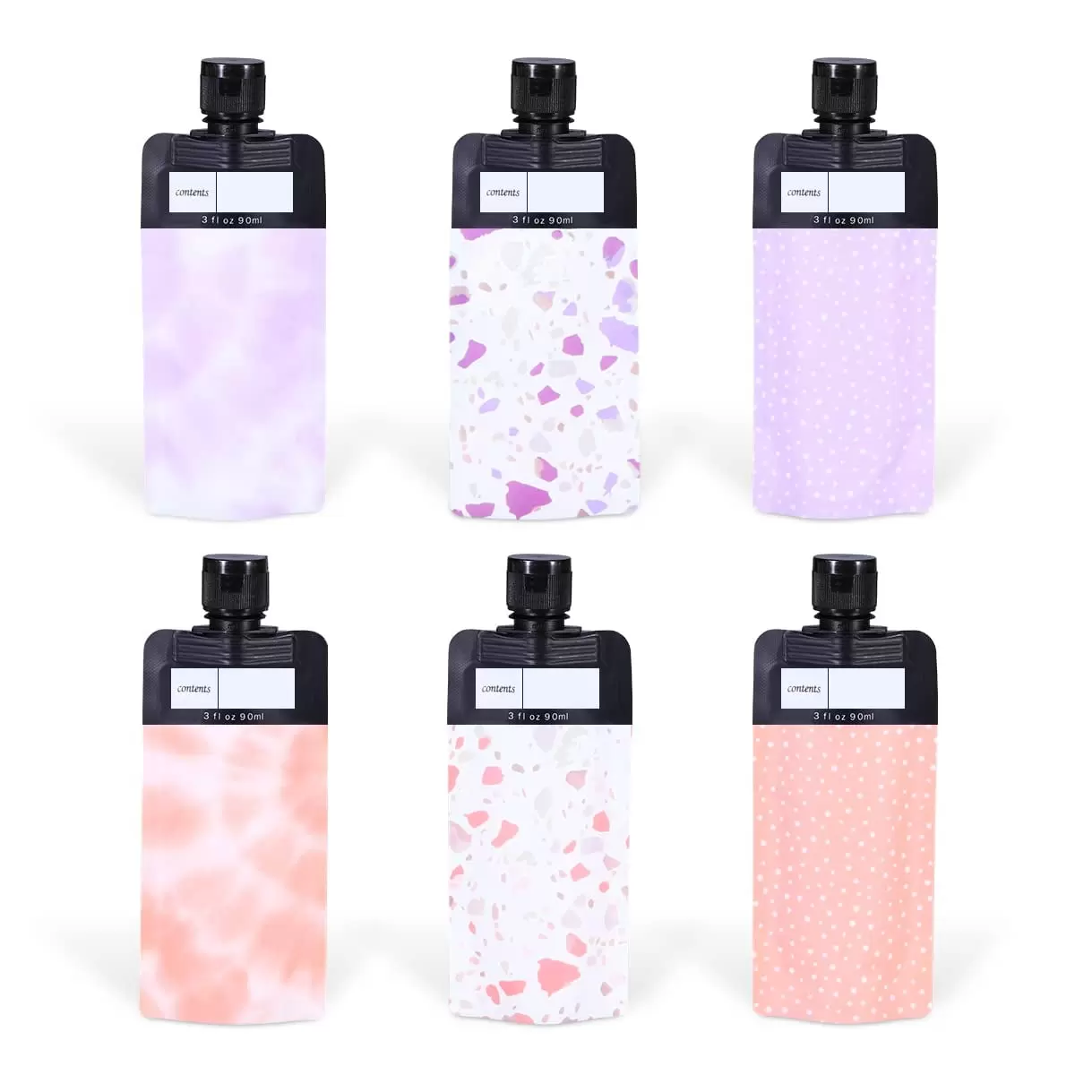 Trianu 6 Pack Leak Proof Empty Squeeze Pouches. Refillable Travel Pouches for Toiletries. Portable 9 oz Travel Fluid Makeup Packing Bag for Lotion Shampoo Face Cream Hand Soap. 6 Colors