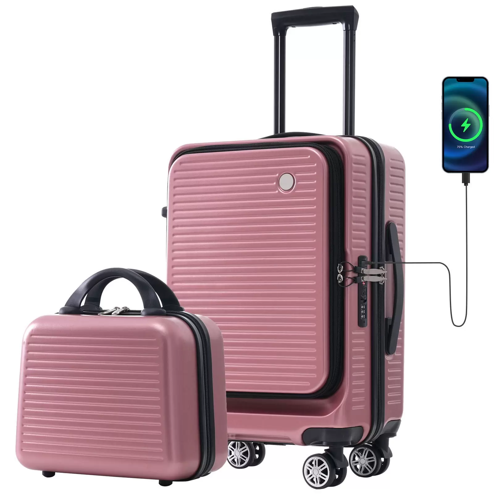 UBesGoo 20 Inch Carry-on Luggage. ABS Front Pocket Luggage Set Suitcase with USB Port. 1 Portable Carrying Case. Rose Gold