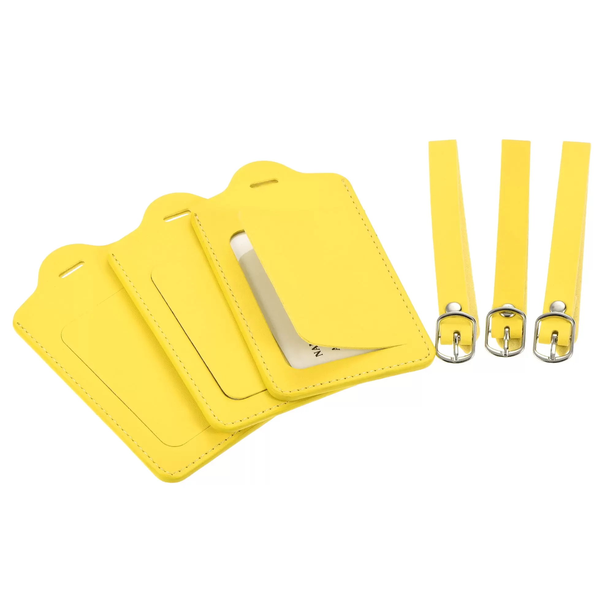 Uxcell 12x7cm Luggage Tag PU Holders Baggage Label Identifier with Straps Yellow 3 Pack