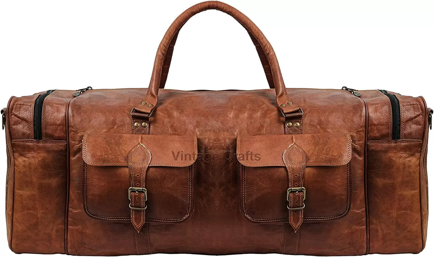 Vintage Crafts Leather Large 32 Inch Double Pocket Travel Tote Carryon Bag Gym Sports Weekender Overnight Duffle Bag