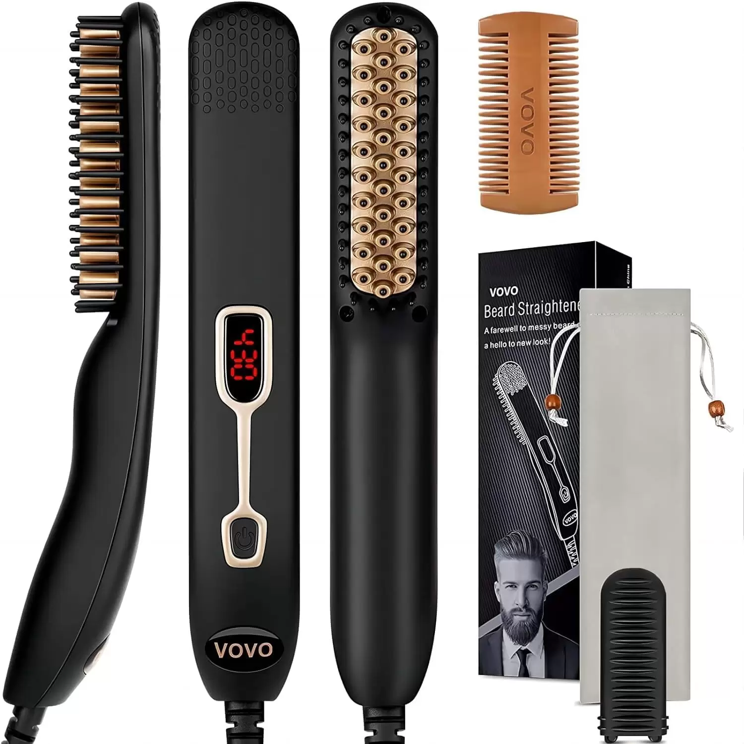 VOVO Beard Straightener Comb Upgrade Professional 2 in 1 Men's Beard Straightening Heated Hair Straightening Brush Portable Anti-Burn 6 Temperature Adjustable with LED Display for Home and Travel