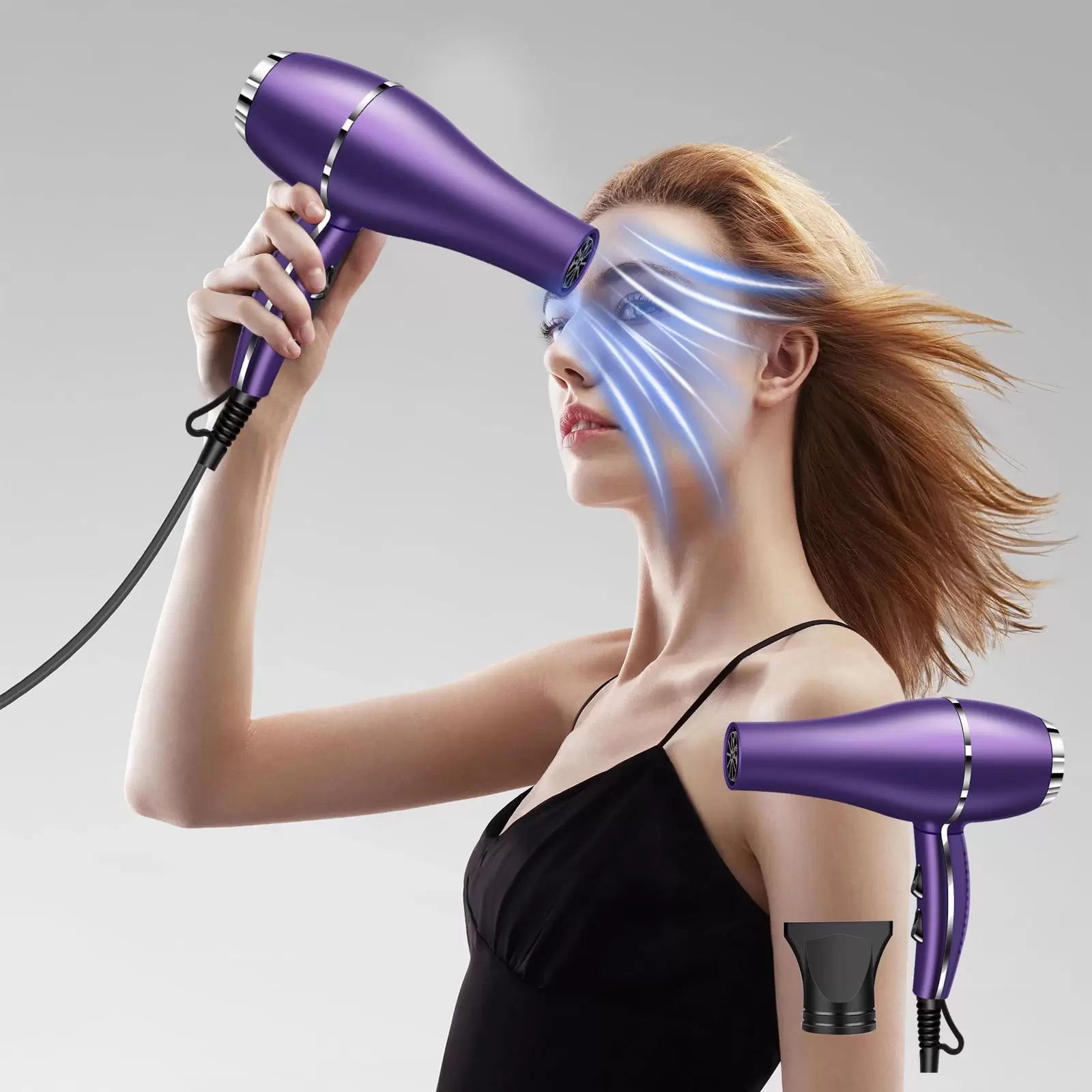 Vfedsrsge Hair Dryer with Diffuser for Curly Hair.2200W Lightweight Travel Hairdryer for Normal and Curly Hair Includes Volume Styling Nozzle.Purple