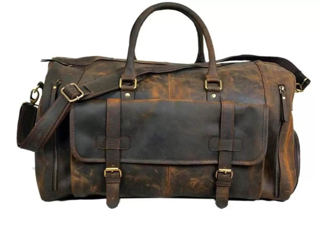 Vintage crafts genuine leather duffel bag overnight travel weekend sports gym cabin carryon with shoe compartment for Men and women