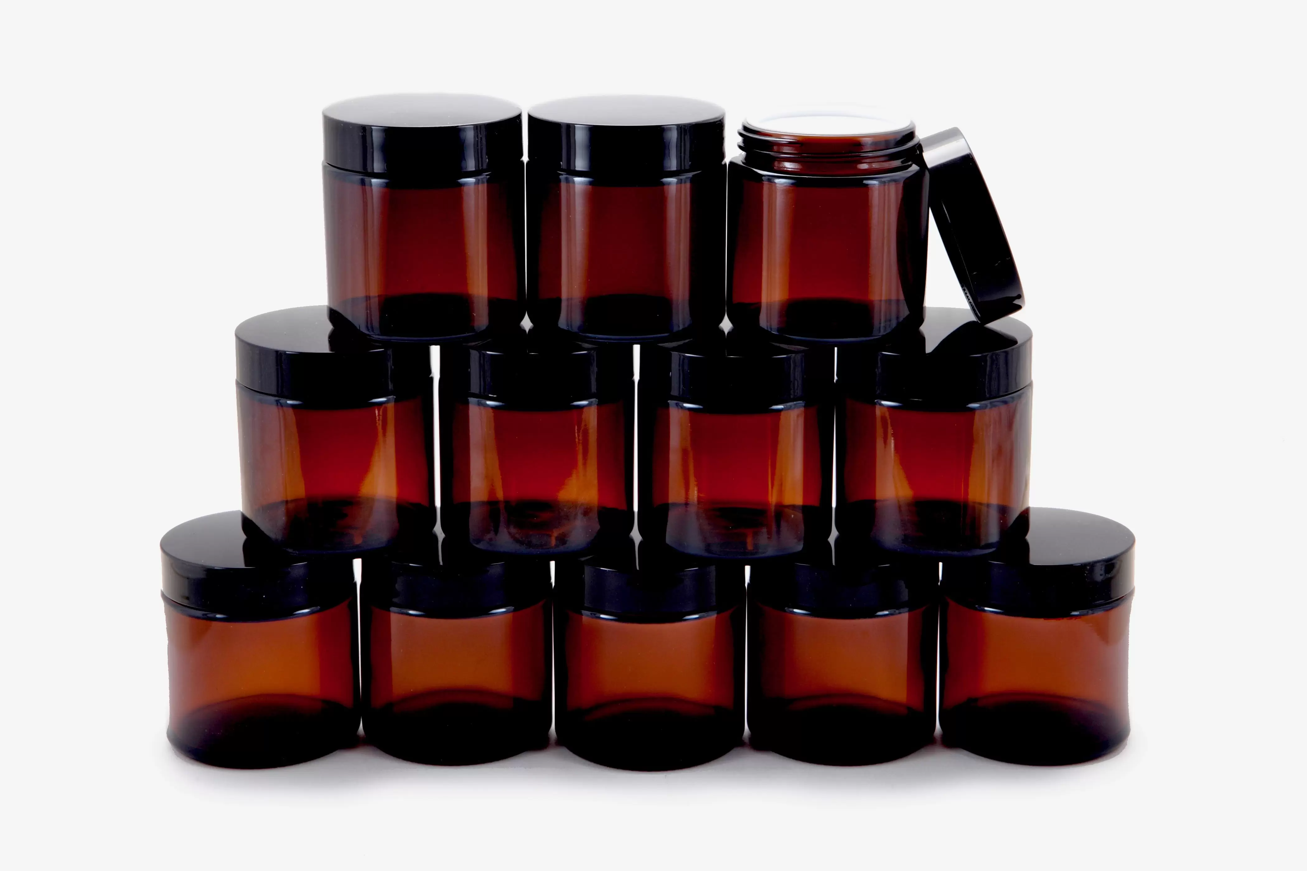 Vivaplex. 12. Amber. 4 oz Round Glass Jars. with Inner Liners and Black Lids