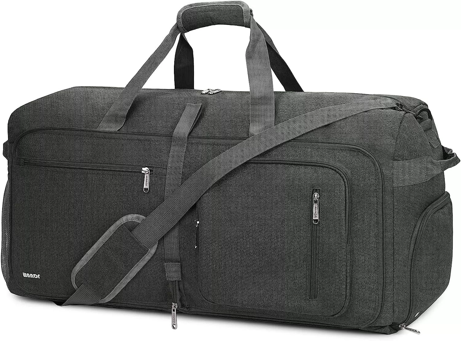 WANDF Foldable Duffel Bag 65L with Wet Pocket & Shoes Compartment. Overnight Weekender Travel Duffle for Men Women Water-proof & Tear Resistant(Dark Grey)