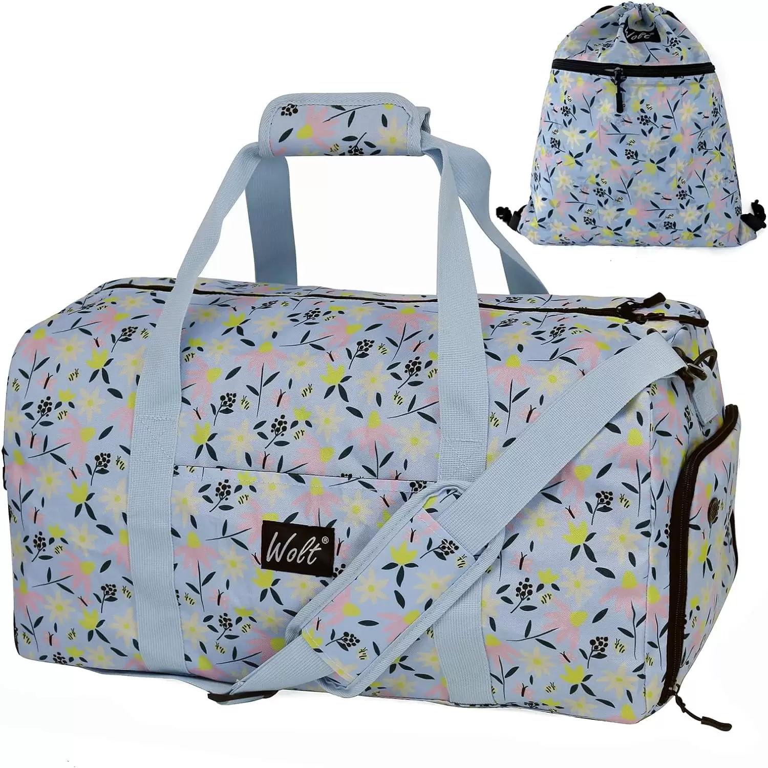 WOLT WildFlower Travel Duffel Bags for Women - Weekend Totes Bag for Airplane Carry-On. Cute Sports Gym Dance. Overnight