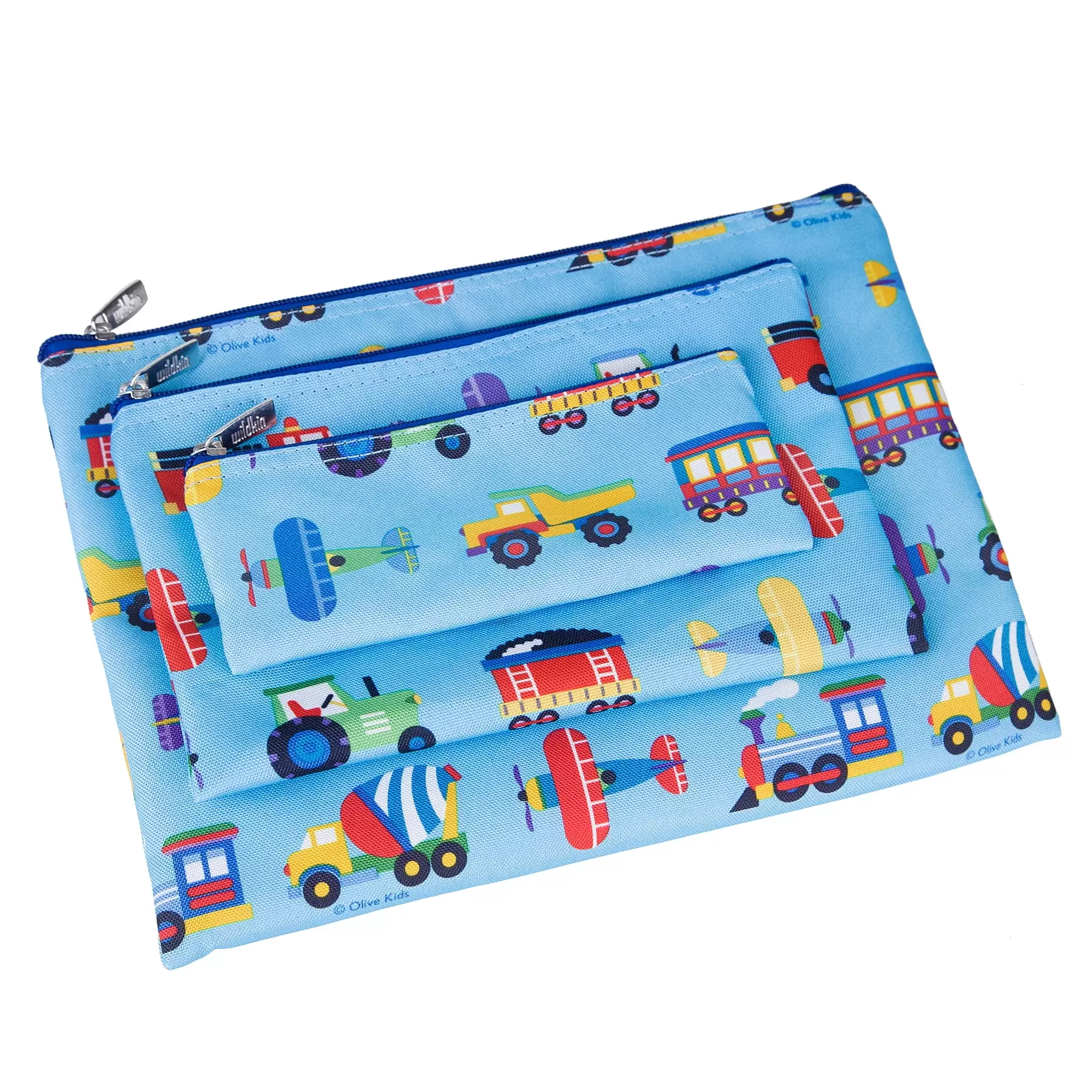 Wildkin Kids 3 Piece Zippered Organizer Set for Boys and Girls. Perfect for School Supplies and Travel Essentials (Trains. Planes & Trucks Blue)