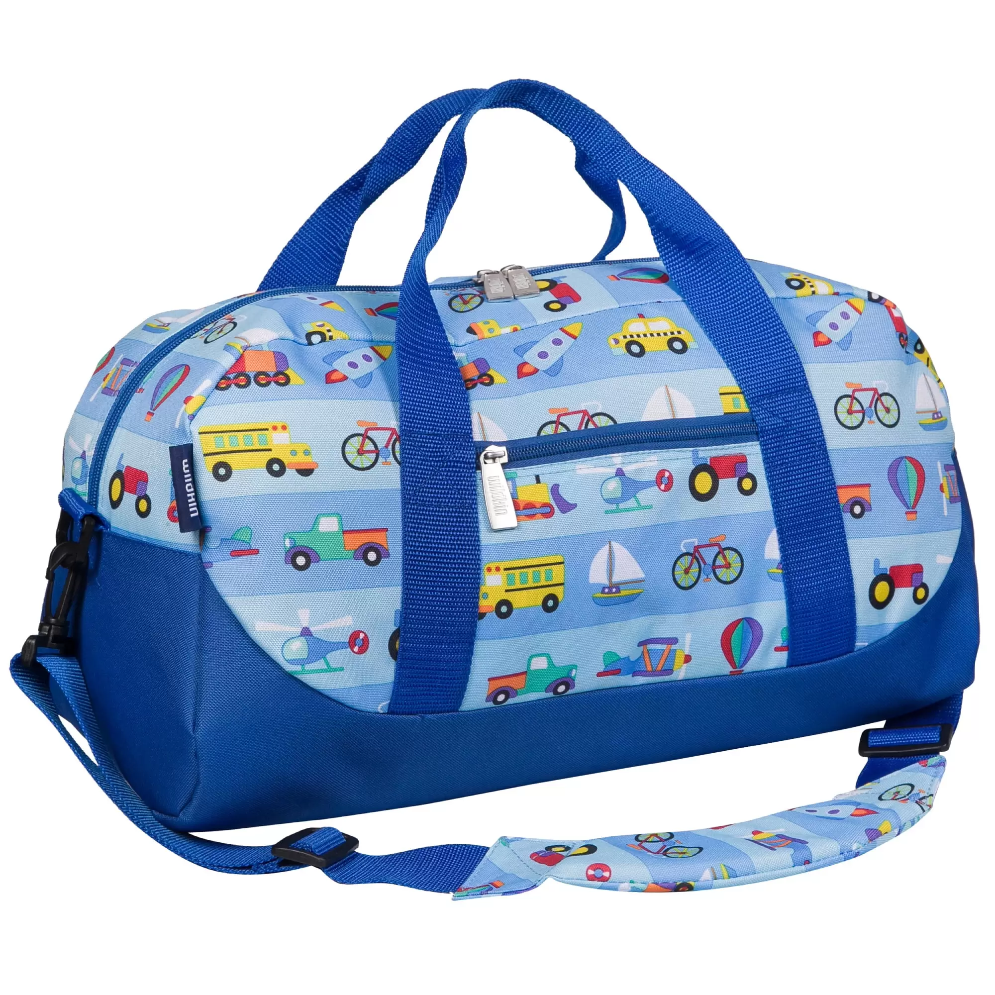 Wildkin Kids Overnighter Duffel Bag for Boys & Girls. Features Two Carrying Handles and Removable Padded Shoulder Strap (On the Go Blue)