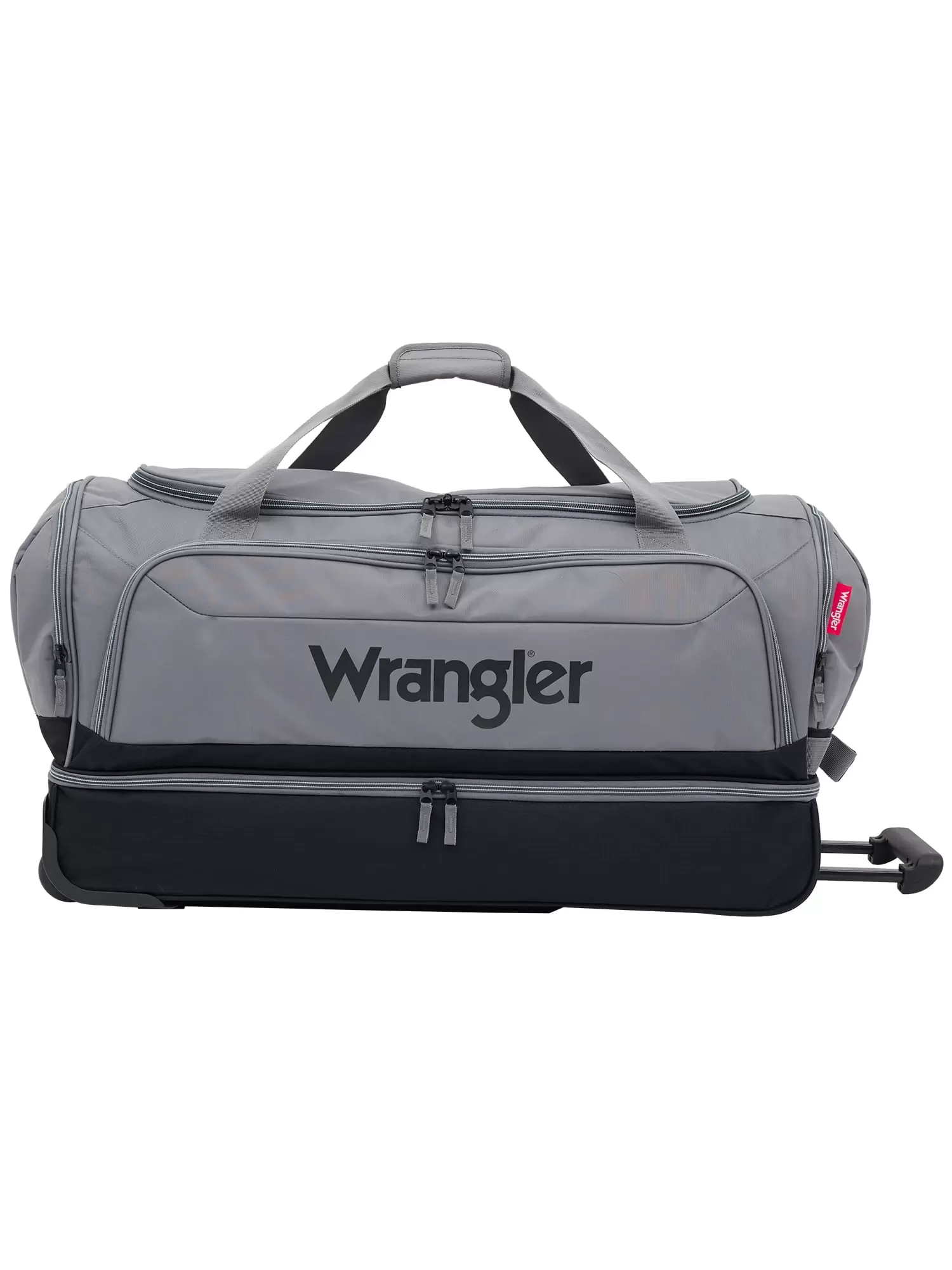 Wrangler 30 drop-bottom rolling travel duffel. Sharkskin