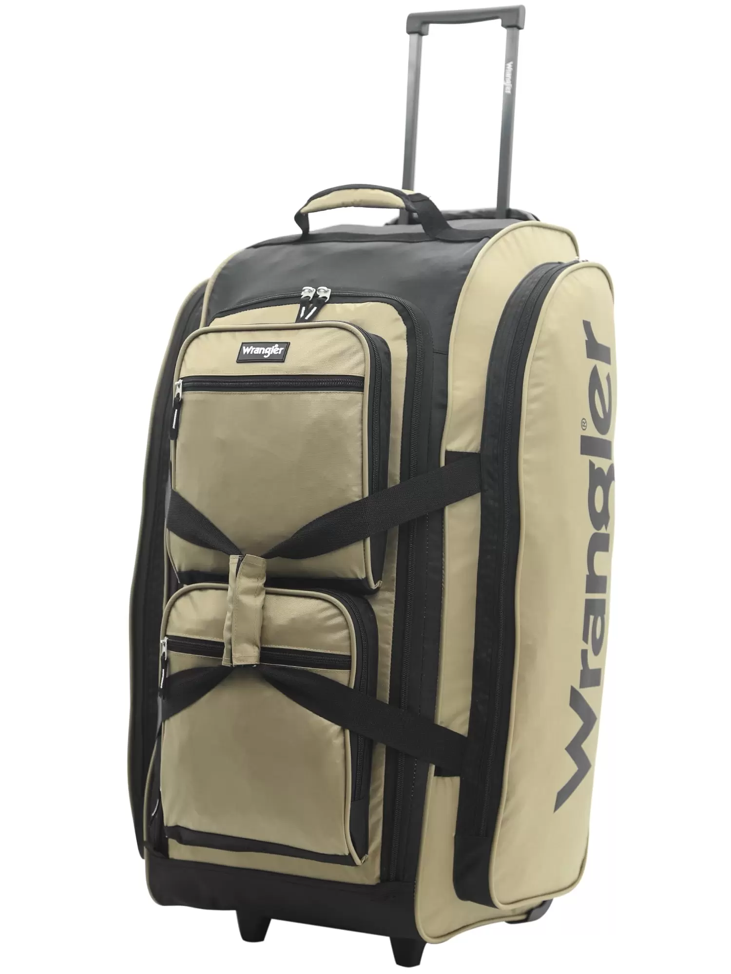 Wrangler 30 multi-pocket rolling duffel with telescopic handle. Tan