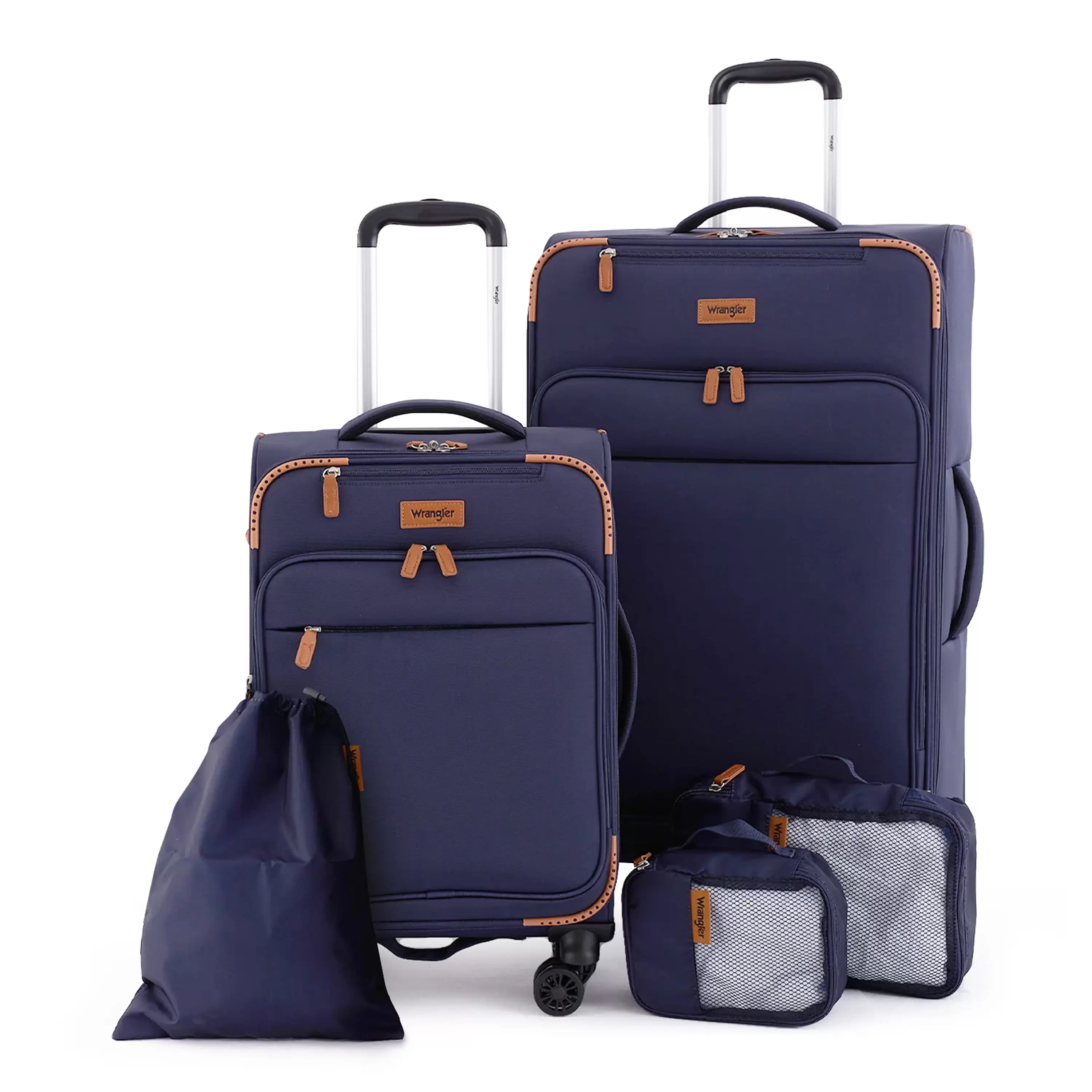 Wrangler 5pc Soft-side Spinner Travel Luggage Set. Navy