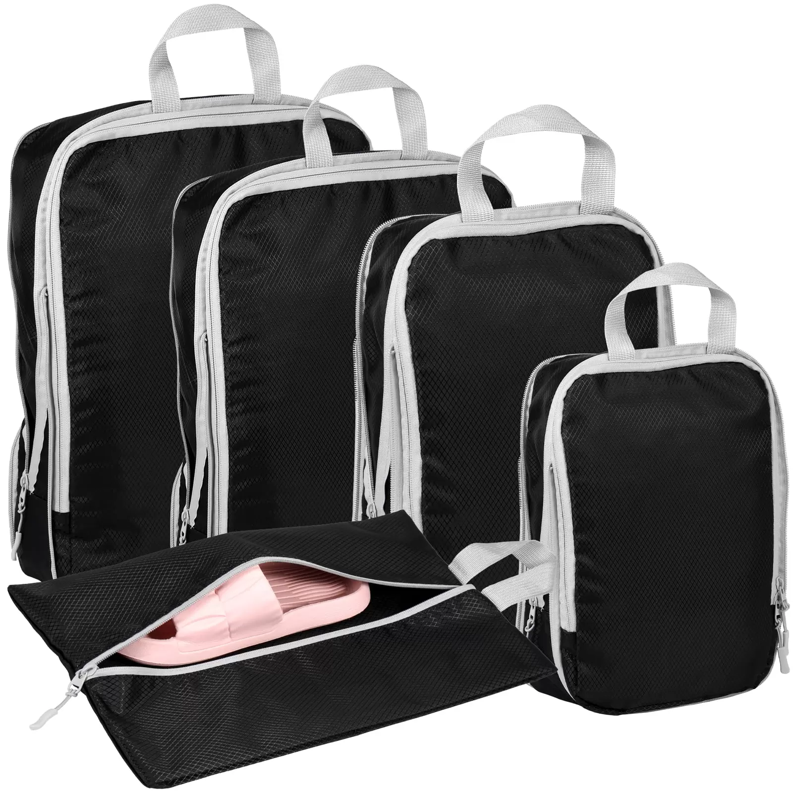 Wrvxzio Compression Packing Cubes 5 Set Travel Organizer Bags for Luggage with Shoe Bag. Expandable and Premium Storage - Essential for Suitcases Travel