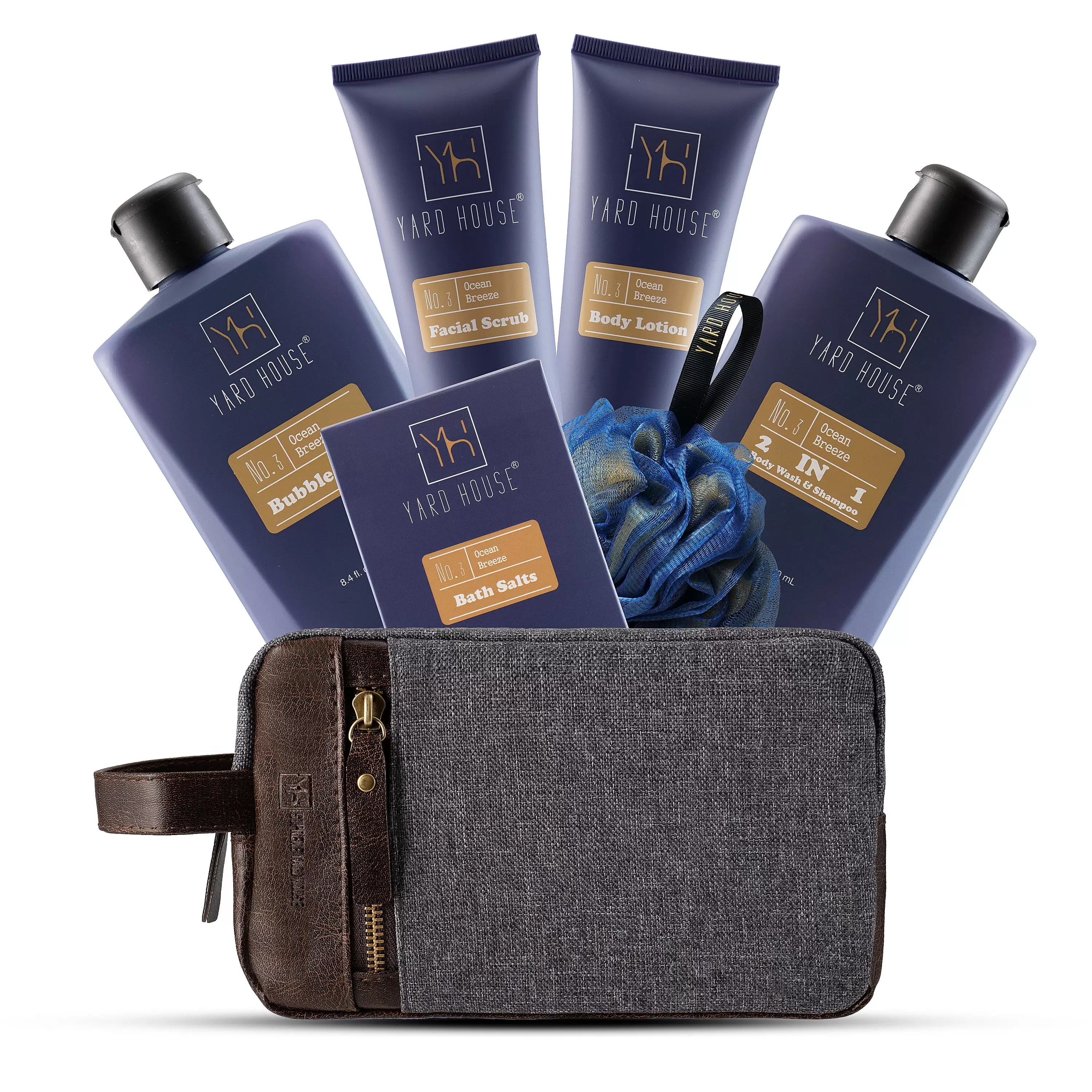 YARD HOUSE All Natural Bath and Body Spa Gift Basket Set for Men - Ocean Breeze - Luxury Men's Skin Care Kit For Him in Toiletry Bag for Revitalization. Exfoliating. Cleasing. Moisturing