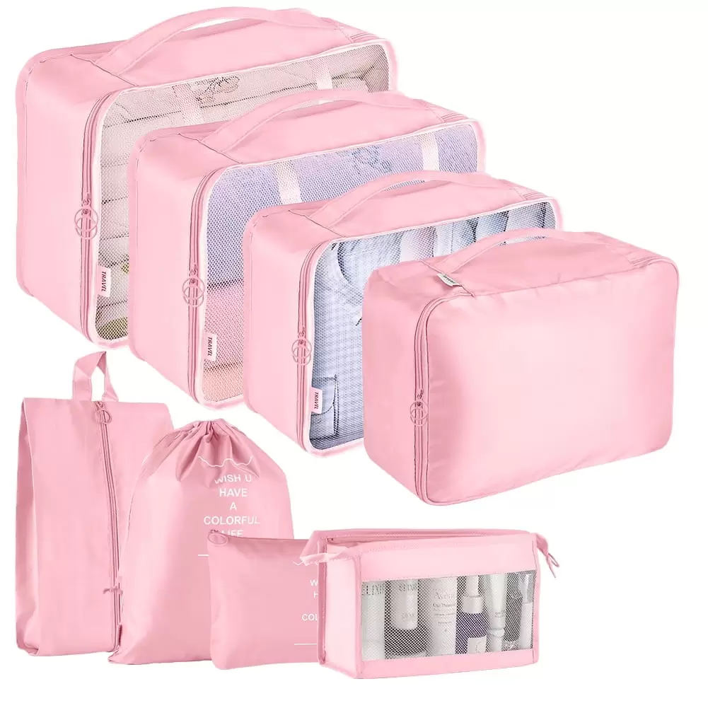 ZOUYUE Packing Cubes for Travel. 8Pcs Travel Cubes Set Foldable Suitcase Organizer Lightweight Luggage Storage Bag. Pink