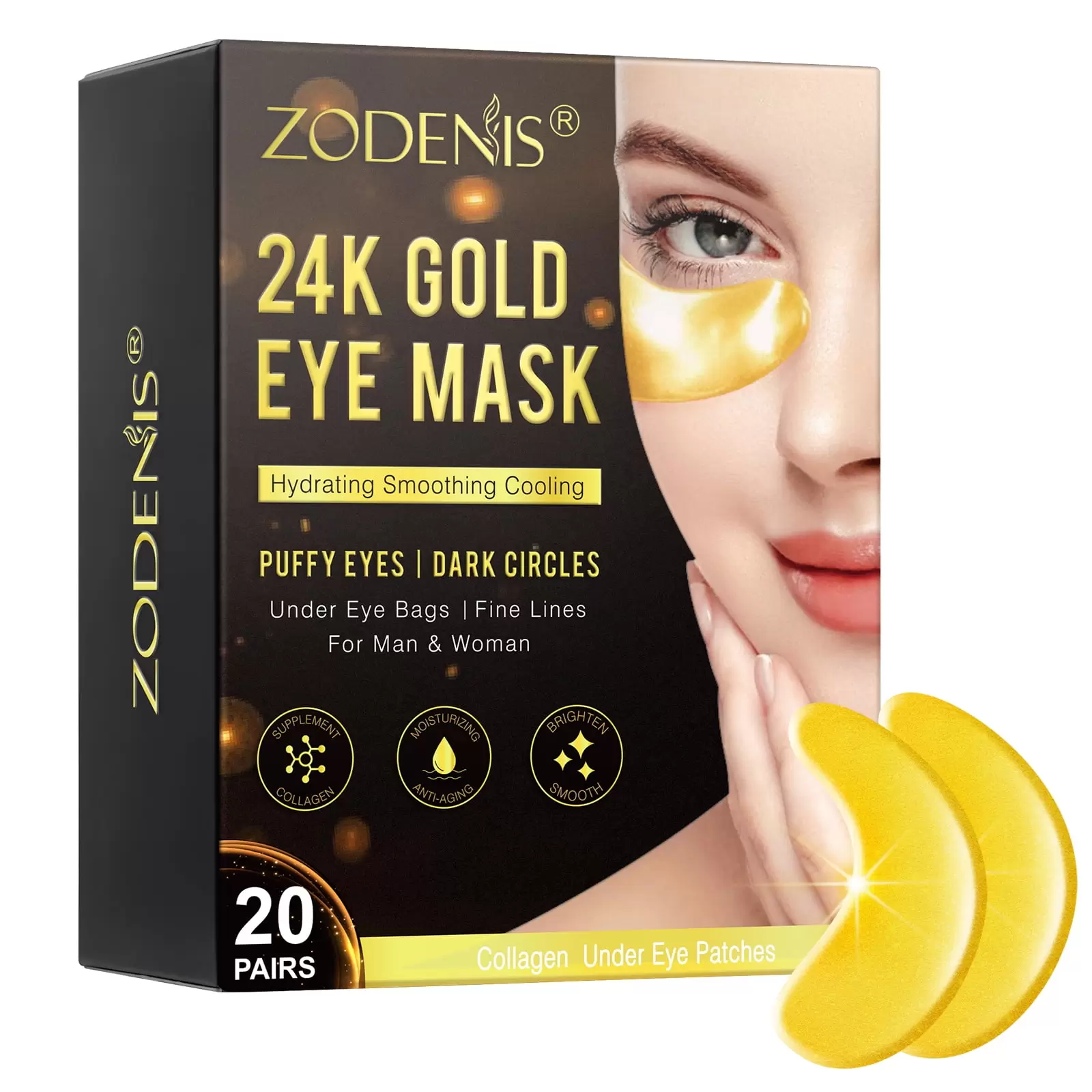 Zodenis 20 Pairs Eye Mask 24K Gold Hydrating Smoothing Cooling for Puffy Eyes Dark Circles Eye Bags Fine Lines for Trave Home Spa