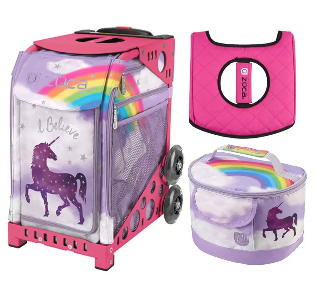 Zuca 18 Sport Bag - (Unicorn 2) with Lunchbox and Zuca Seat Cover (Pink Frame)