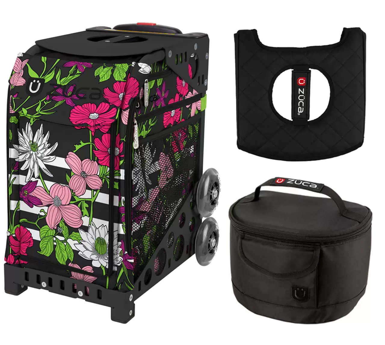 Zuca 18 Sport Bag - Petals & Stripes with Non-Flashing Wheels. Lunchbox and Seat Cover (Black Frame)