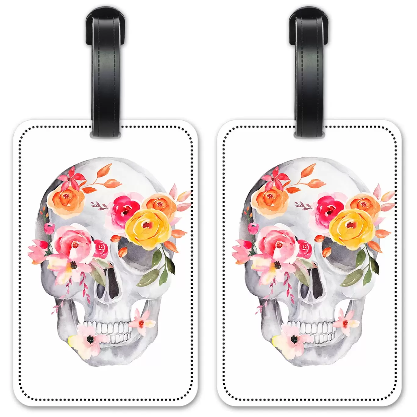 Floral Skull - Luggage ID Tags / Suitcase Identification Cards - Set of 2