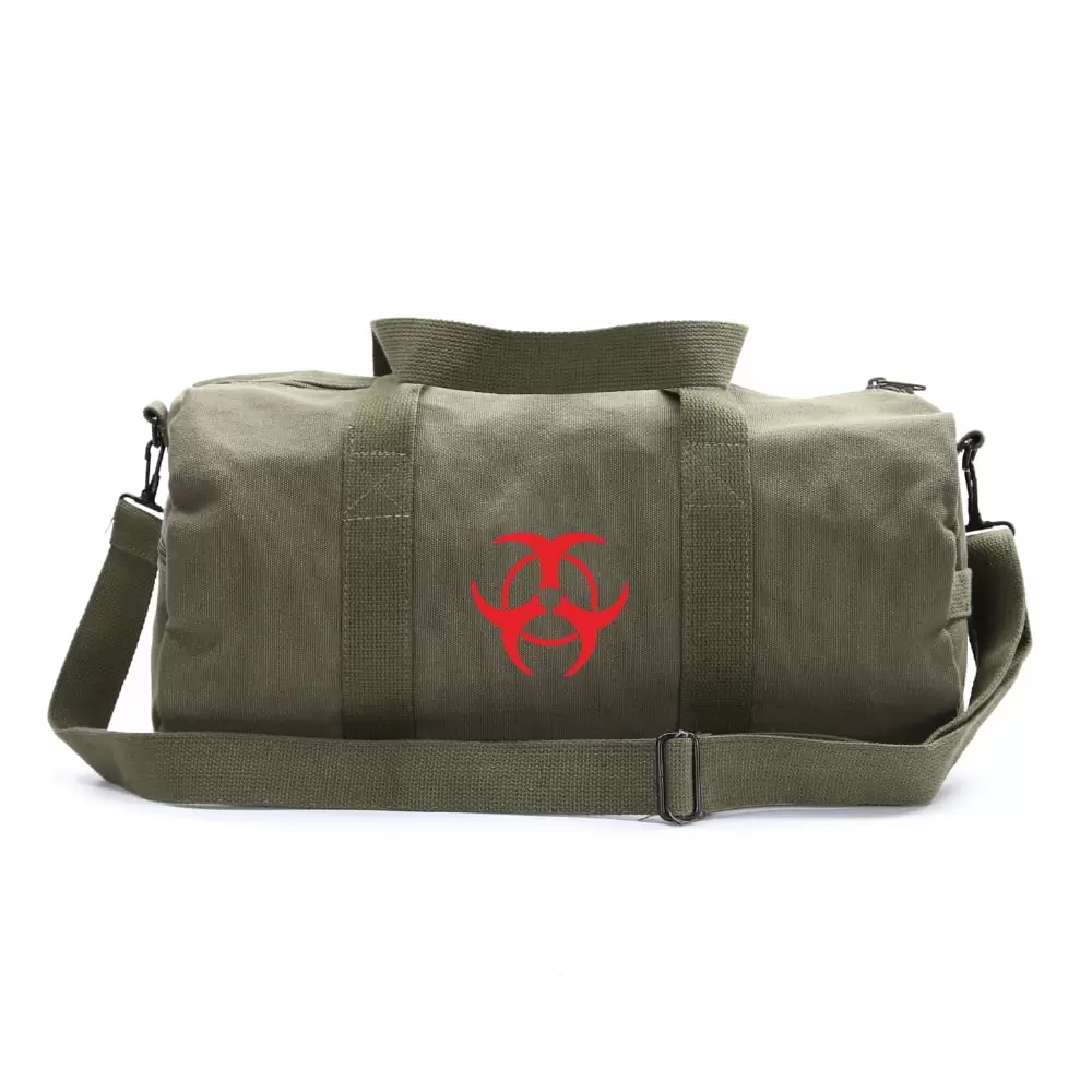 Biohazard Warning Symbol Sport Heavyweight Canvas Duffel Bag in Olive & Red. Medium