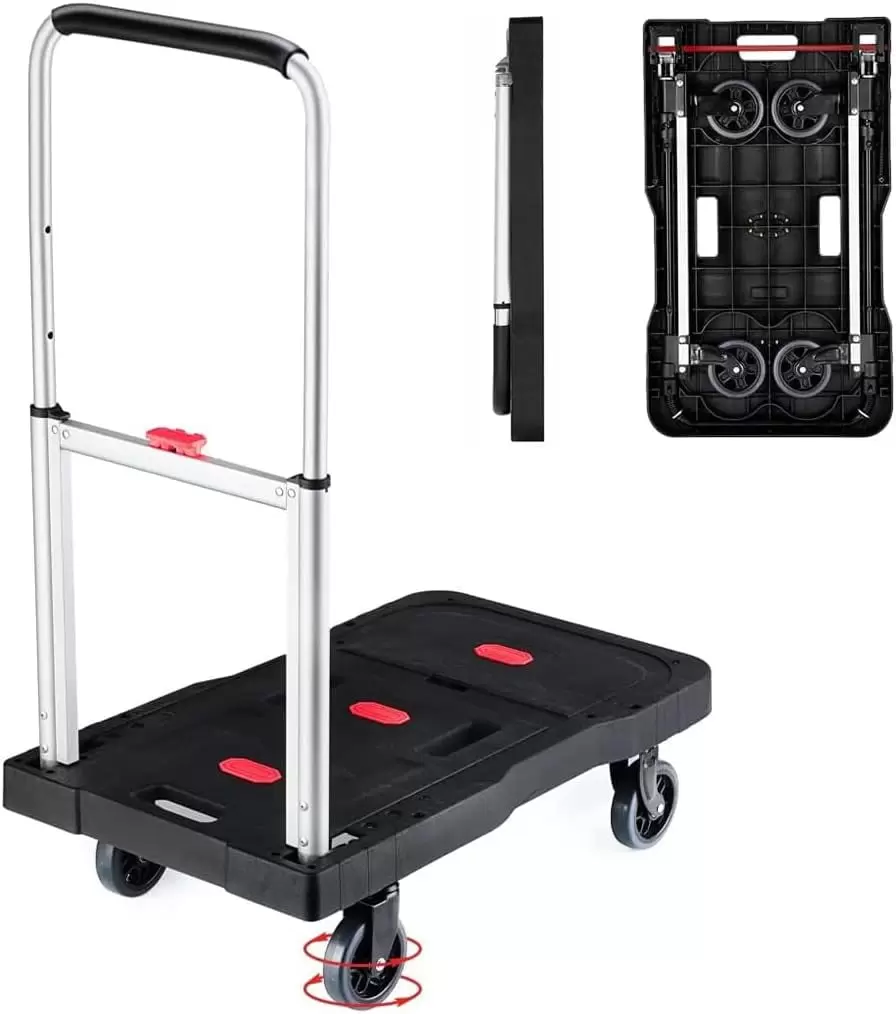 Folding Hand Truck 330 Lbs/150kg Heavy Duty Dolly Cart with 4 Wheels Portable Platform Truck Lightweight Foldable Utility Luggage Push Cart with Adjustable Handle for Auto. Luggage. Travel. Shopping