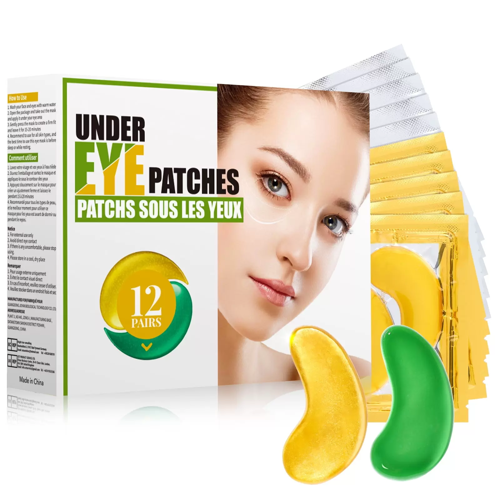 Under Eye Patches.Gold Green Tea Eye Mask Collagen Eye treatment Gel for Moisturizing.Eye Bags.Firming.Dark Circles(12 Pairs)