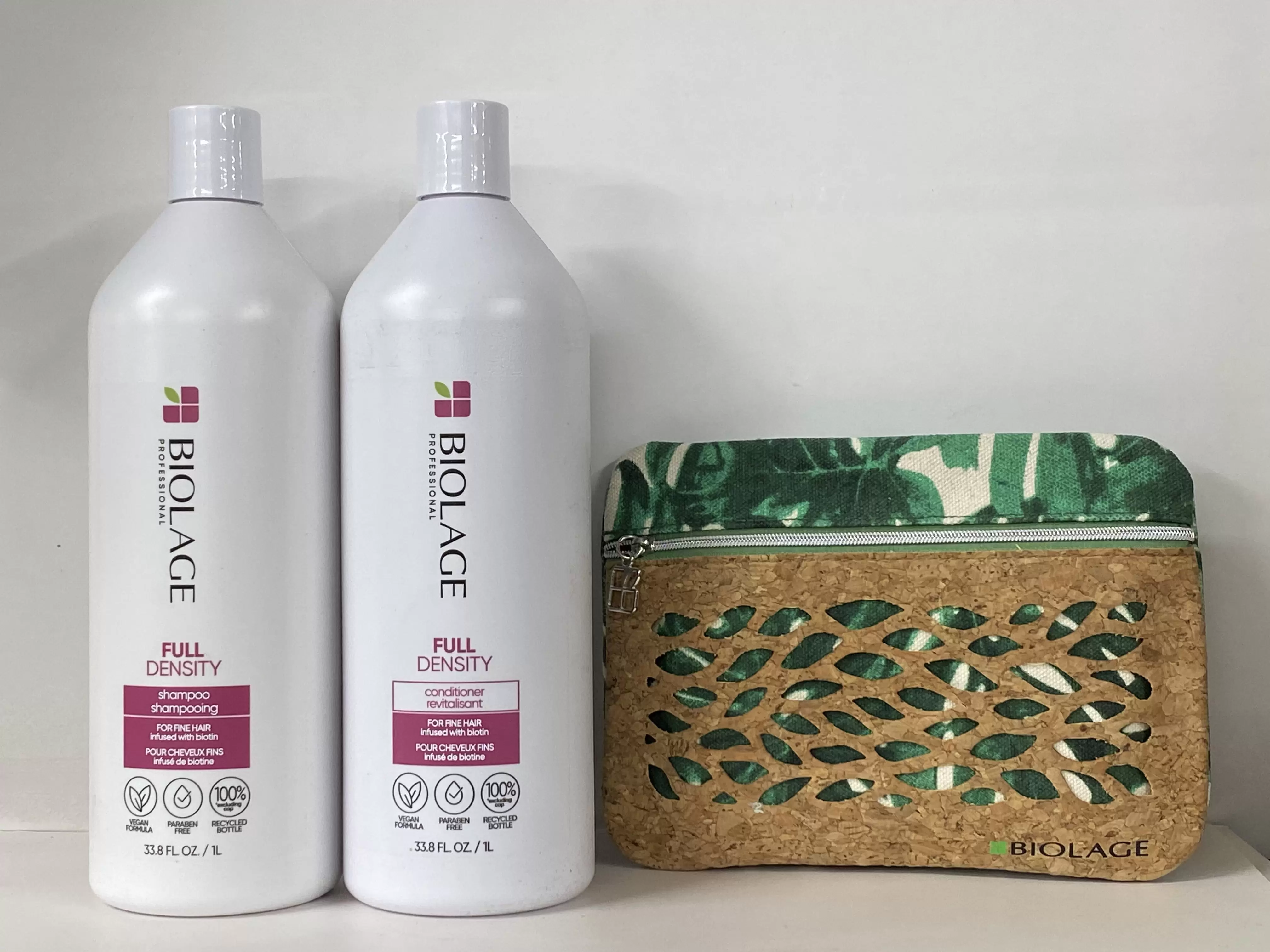 Full density Shampoo & Conditioner for fine Hair with Biotin Liter Duo .By Matrix Biolage & travel bag