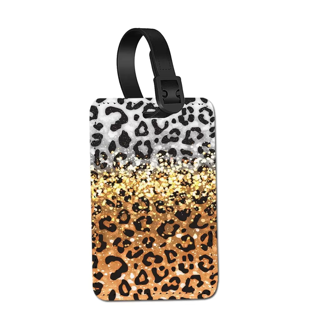 WIRESTER Rectangle PU Leather Luggage Tags for Travel Suitcase Baggage 4.05 x 2.83 inches - Yellow Glitter Black/White Leopard & Black/Yellow Leopard