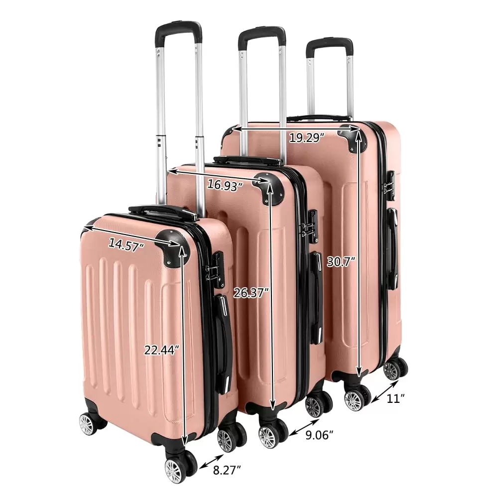 Veryke 3-in-1 Luggage Set with Lock. Lightweight Luggage Spinner Travel Suitcase Bag. Portable ABS Trolley Case - 20*24*28 - Rose Gold