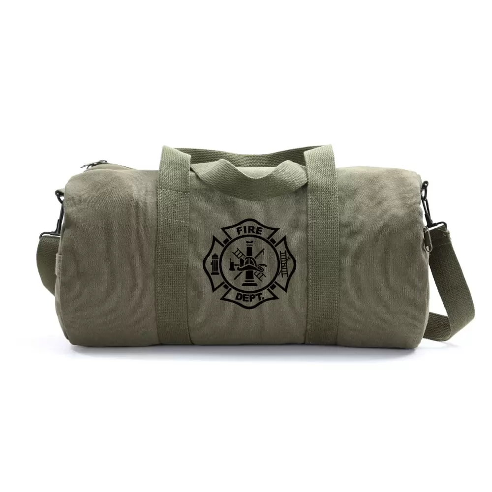 Fire Department Maltese Cross Army Sport Heavyweight Canvas Duffel Bag in Olive & Black. Medium