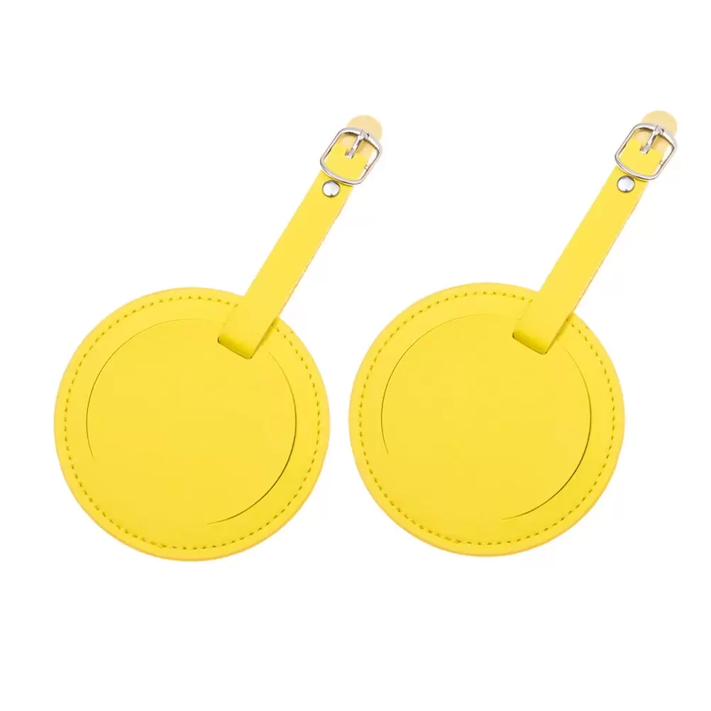 NUOLUX 2 Pcs Round PU Leather Travel Luggage Bag Tag ID Labels Tag Case Name Holder wtih Buckle for Luggage Suitcase Backpacks (Yellow)