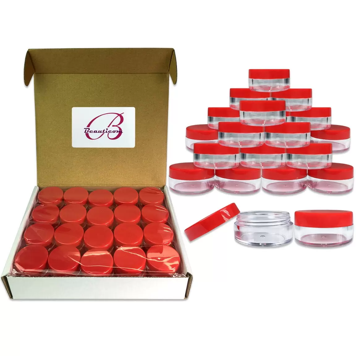 Beauticom 10g/10ml (0.36 oz) Clear Plastic Jars with Lids for Creams. Lotions. Make Up. Powders. and More?? (Quantity: 40 Pieces. Color: Red Lids)