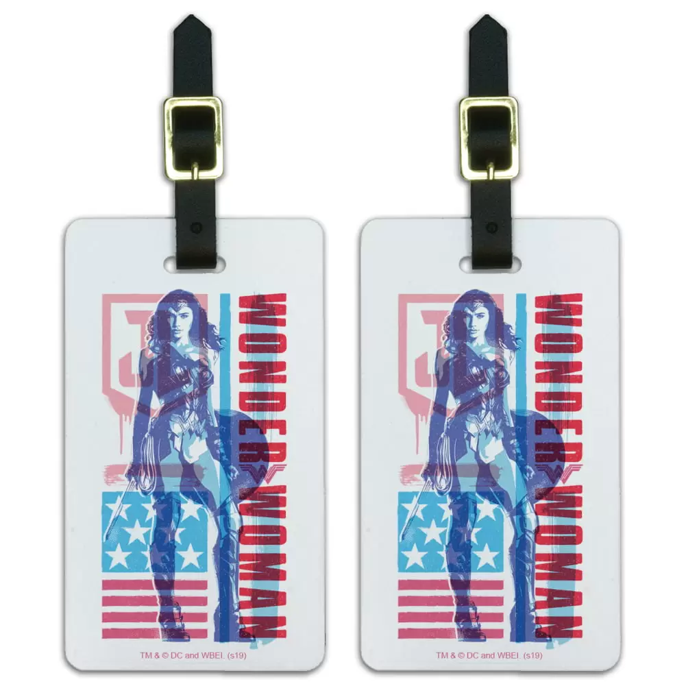 Justice League Movie Wonder Woman USA Flag Luggage ID Tags Suitcase Carry-On Cards - Set of 2