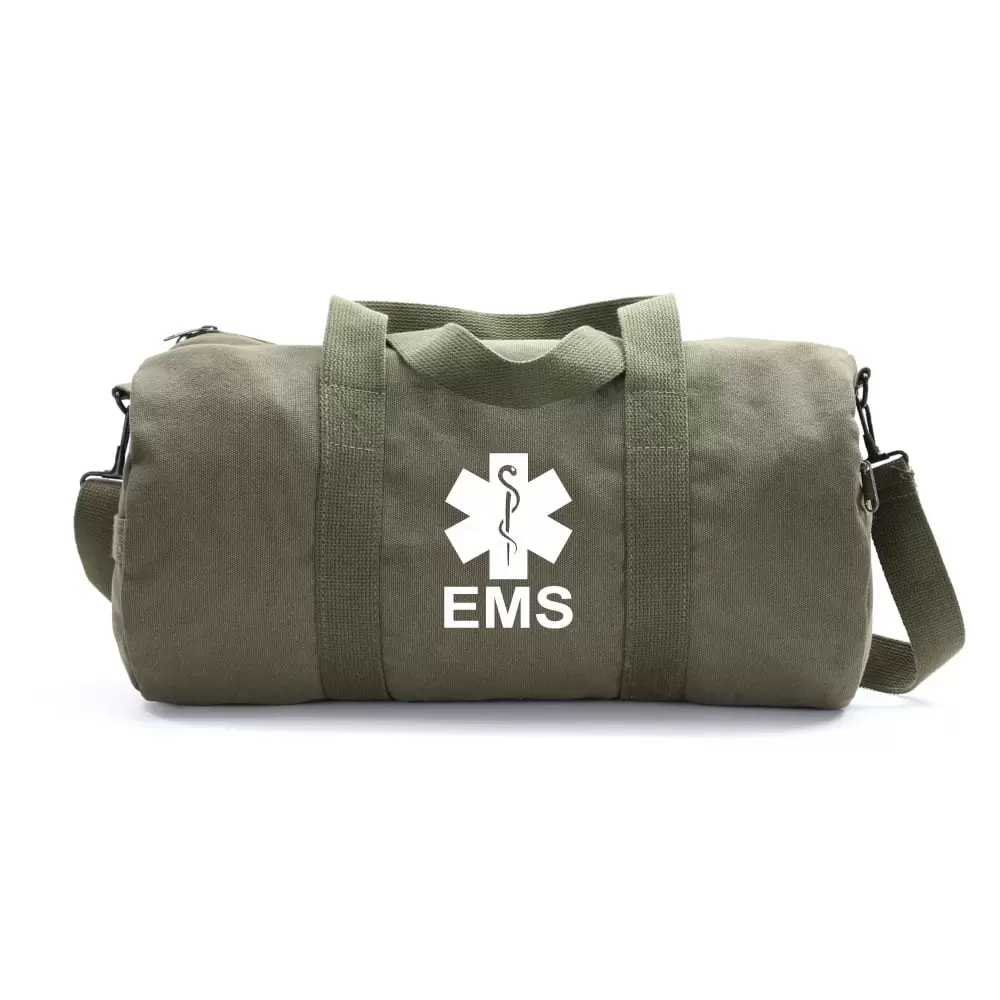 EMS Emergency Medical Services Army Sport Heavyweight Canvas Duffel Bag in Olive & White. Medium