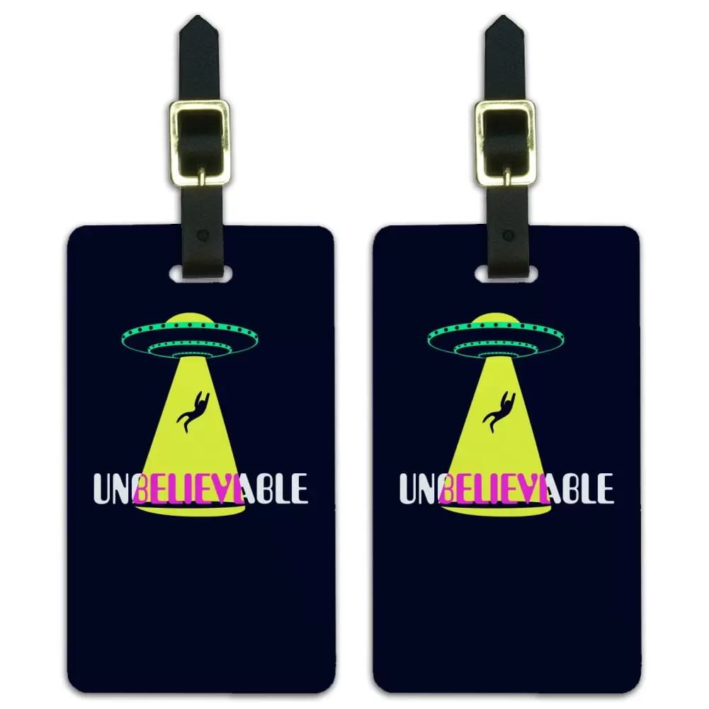 Unbelievable Alien Believe UFO Flying Saucer Luggage ID Tags Suitcase Carry-On Cards - Set of 2