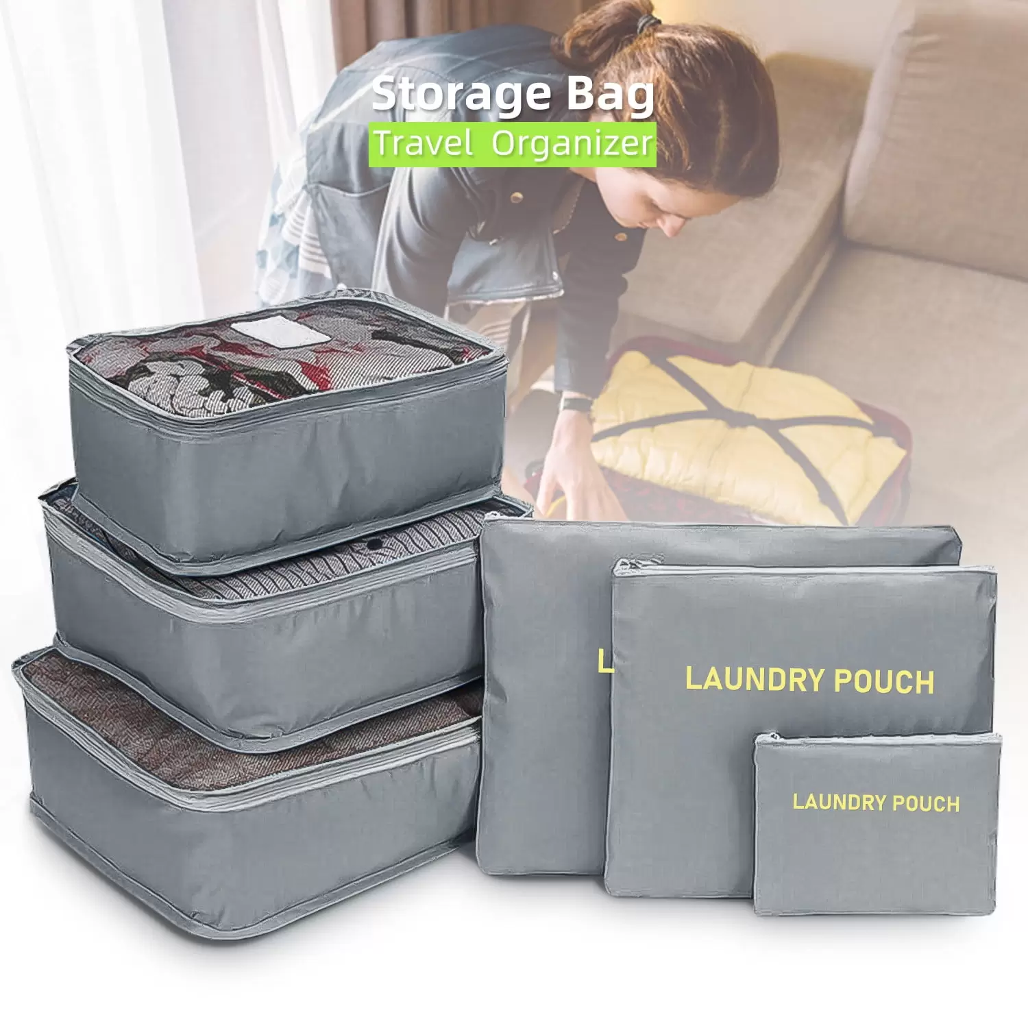 Elegant Choise Packing Cubes for Travel 6Pcs Storage Cubes Bag Set Luggage Waterproof Organizer Clothes Bag.Gray