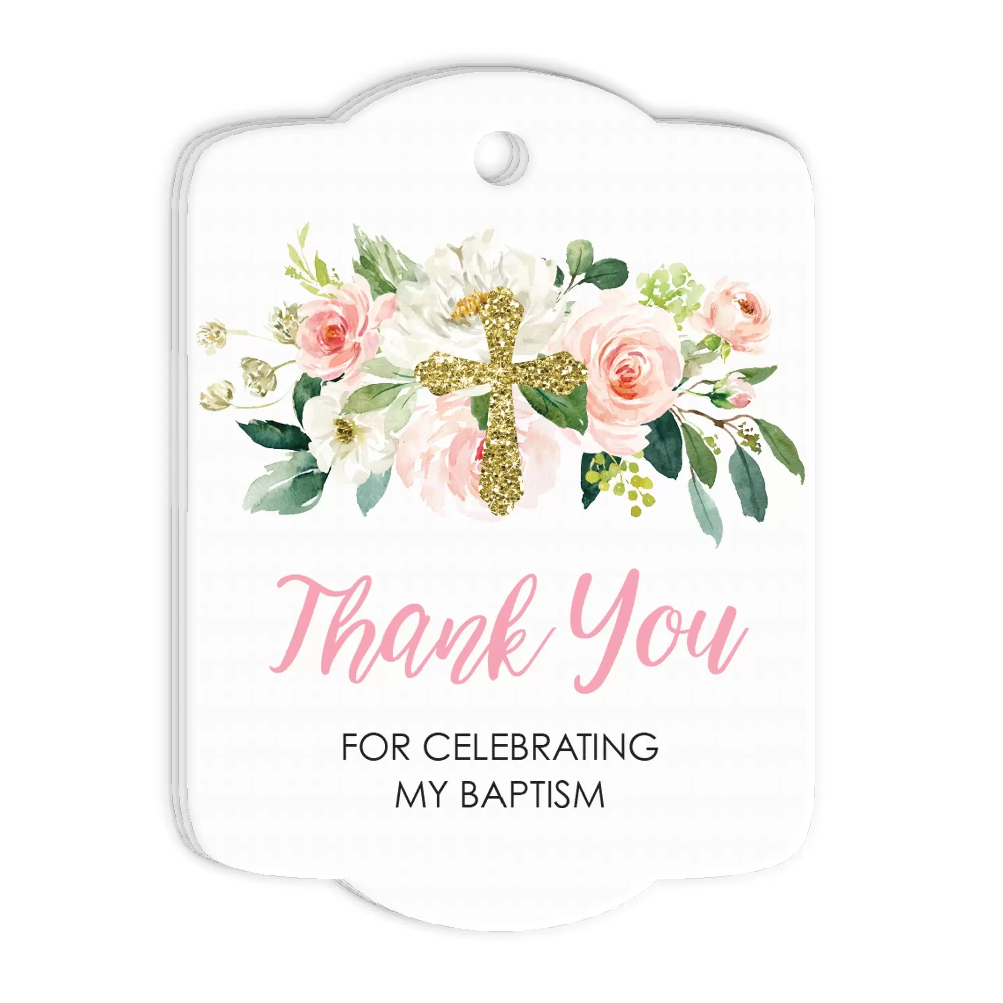 Baptism Favor Tags Pink Floral Girl Rounded Set of 24