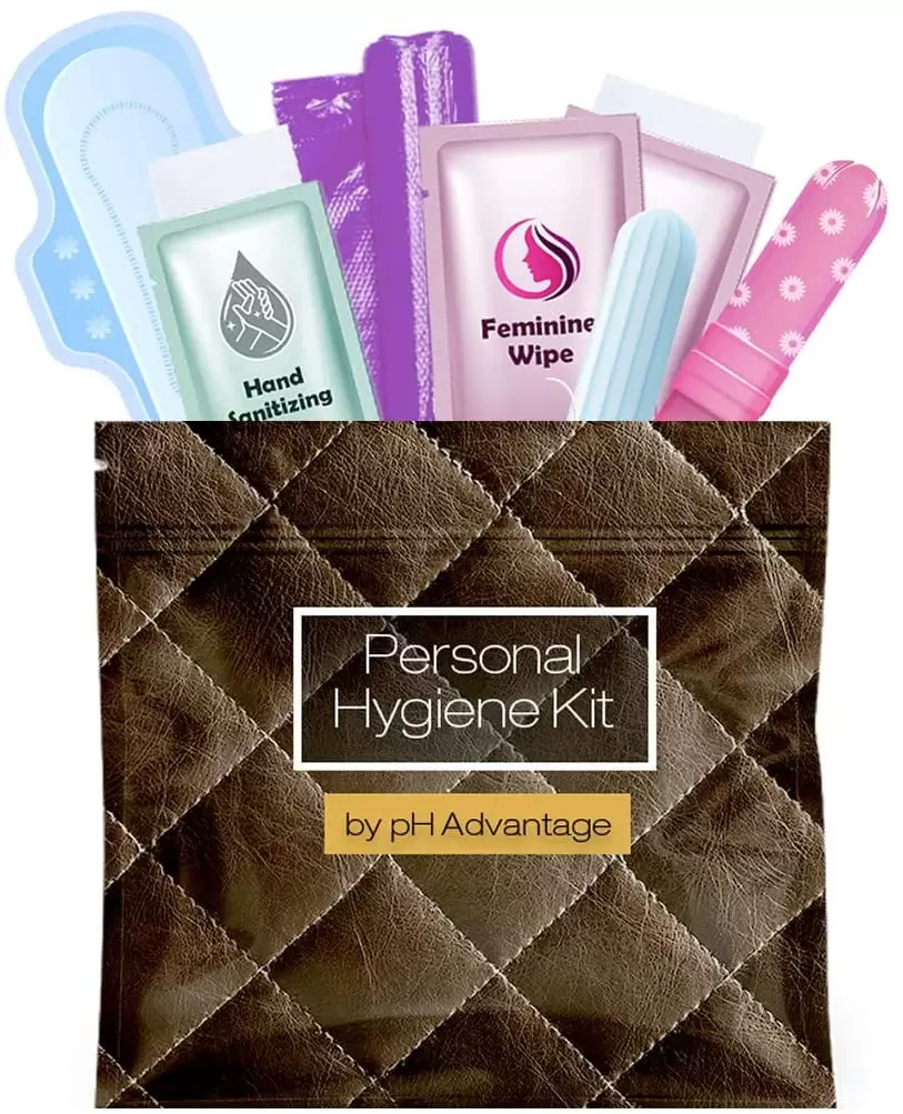 Menstrual Kit All-in-One | Convenience on The Go | Single Period Kit Pack for Travelling. Tweens & Teenagers or Emergency situations | Individually Wrapped Feminine Hygiene Products (Leather Dark)