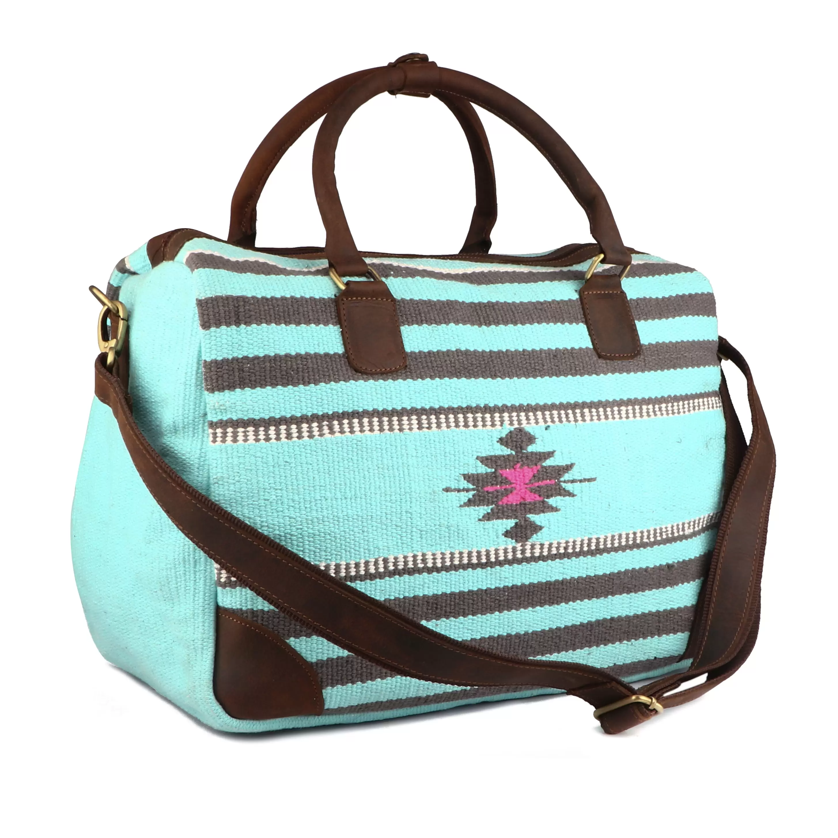 Handwoven Wool Weekender Duffel Travel Bag Turquoise 103BT05