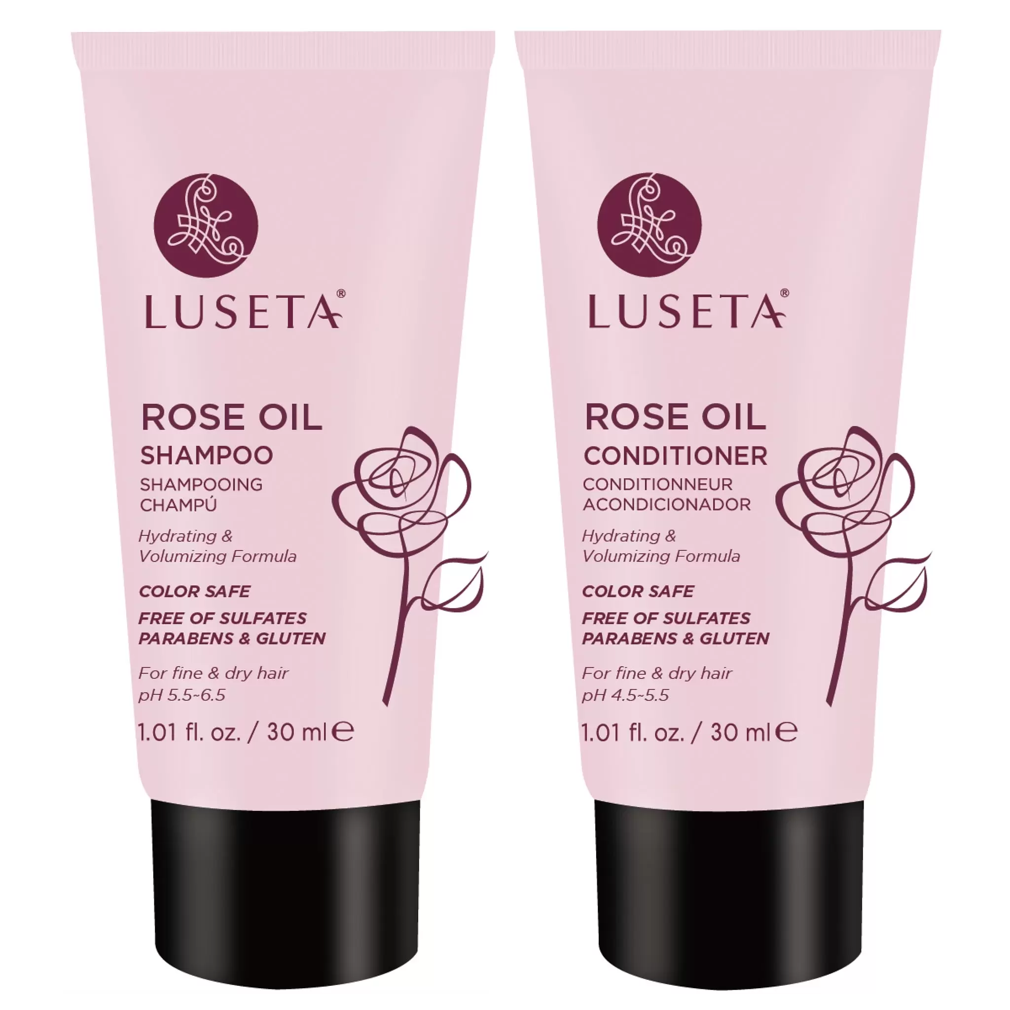 Luseta Rose Oil Shampoo and Conditioner Travel Set 2 x 1.01oz for Fine and Dry Hair