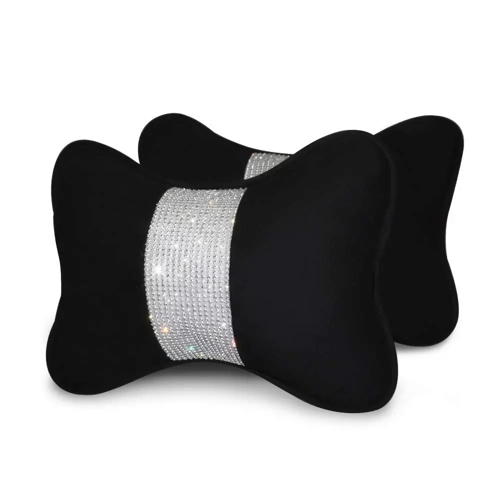 eing 2PCS Bling Car Seat Neck Rest Pillow Soft Plush Crystal Headrest Head Support Cushion Car Decor Accessories for Women.Universal Fit for Car Seat Headrest.Black