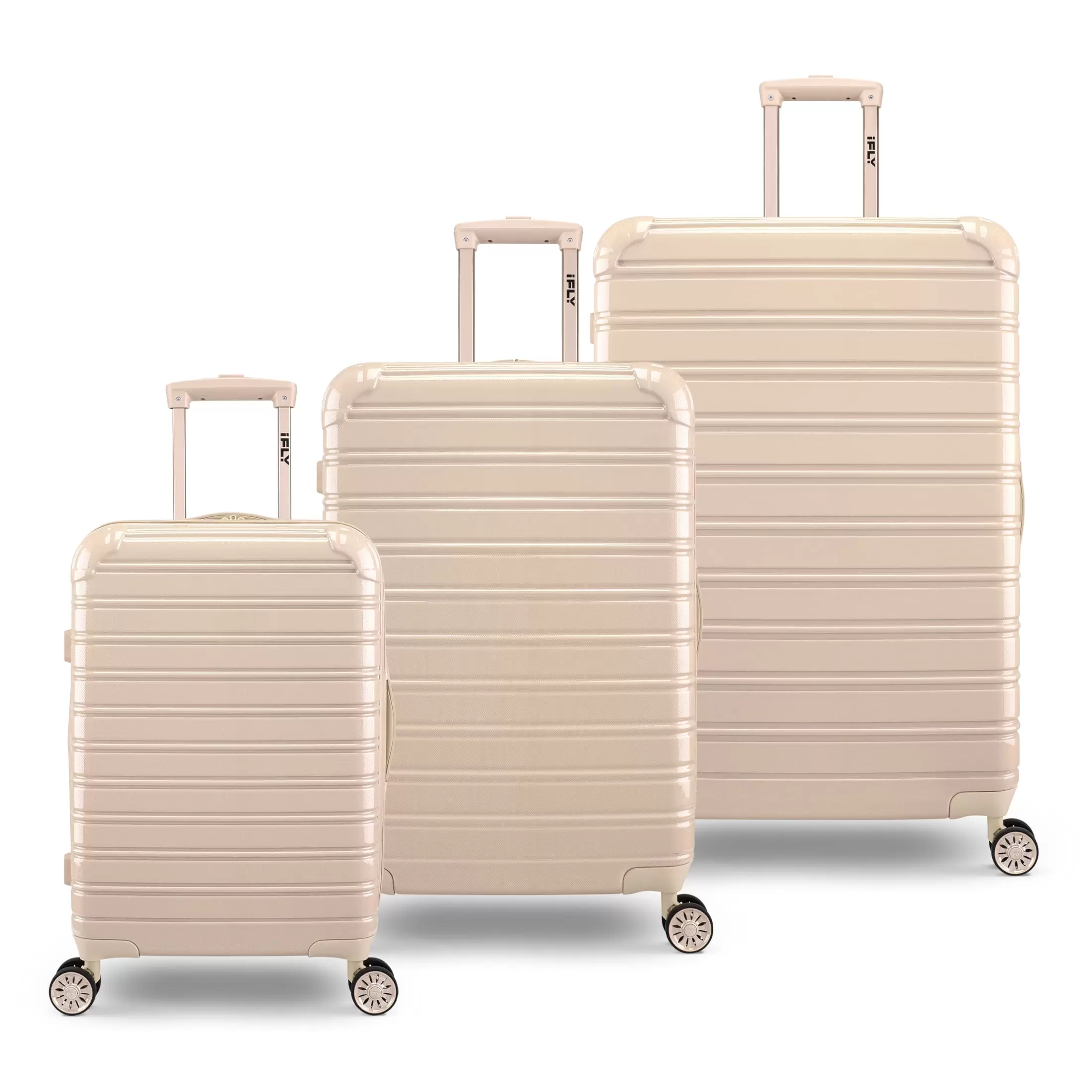 iFLY Hardside Luggage Fibertech 3 Piece Set. 20 Carry-on Luggage. 24 Checked Luggage and 28 Checked Luggage. Champagne