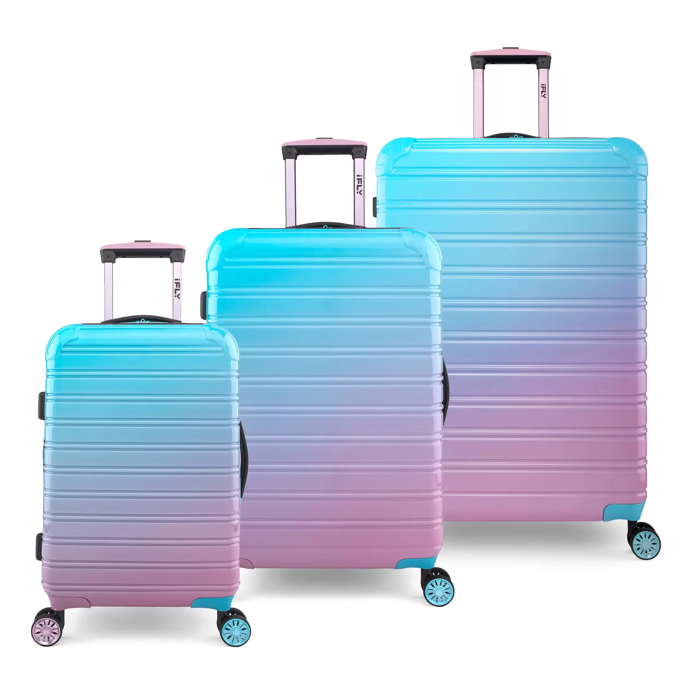 iFLY Hardside Luggage Fibertech 3 Piece Set. 20 Carry-on Luggage. 24 Checked Luggage and 28 Checked Luggage. Cotton Candy