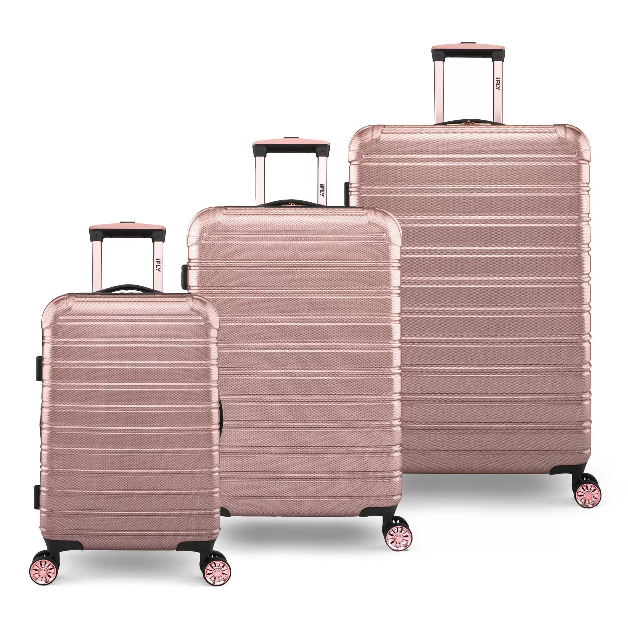 iFLY Hardside Luggage Fibertech 3 Piece Set. 20 Carry-on Luggage. 24 Checked Luggage and 28 Checked Luggage. Rose Gold