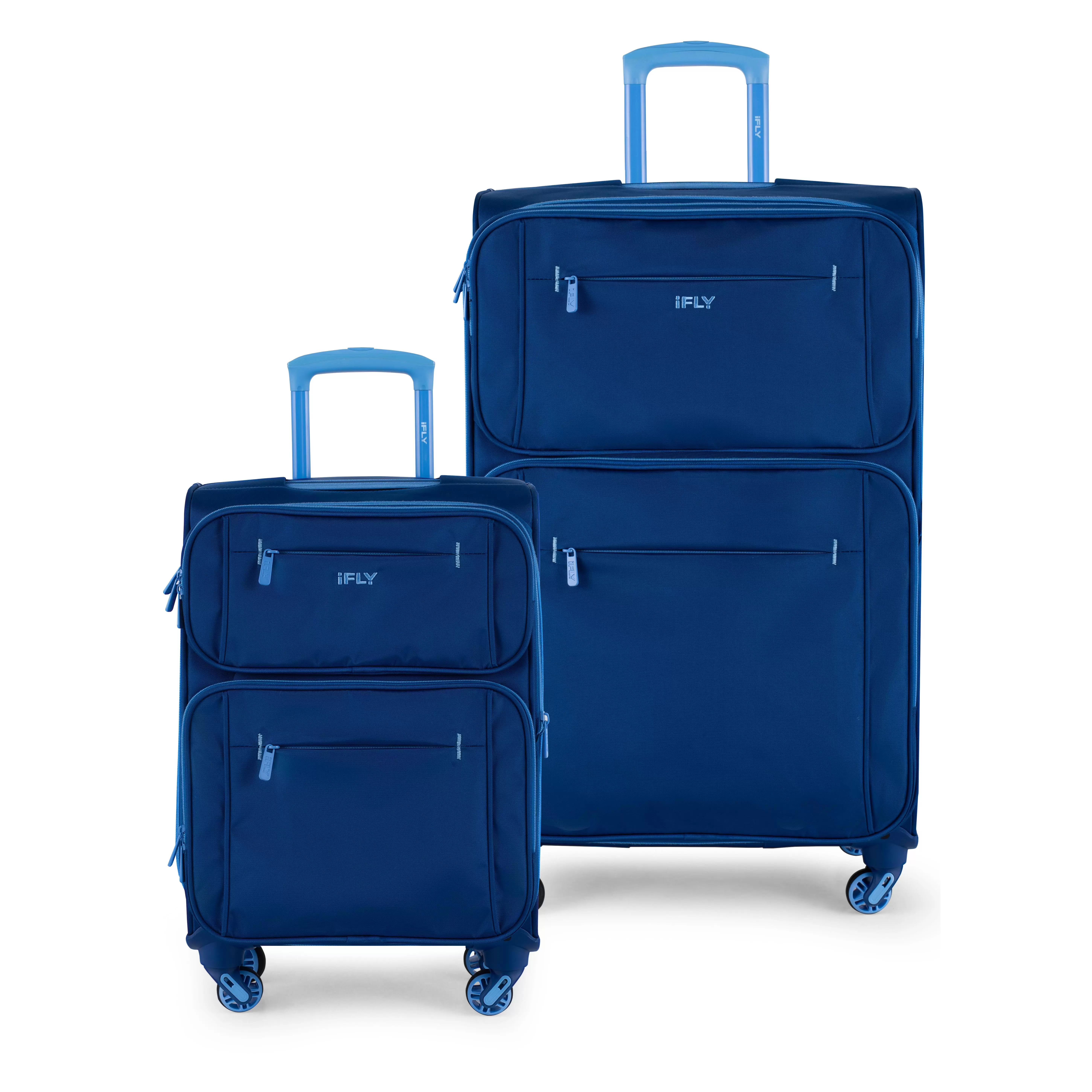 iFLY Softside Accent 2 Piece Set 4-Wheel Spinner. 20 Carry-on and 28 Checked Luggage. Navy/Light Blue