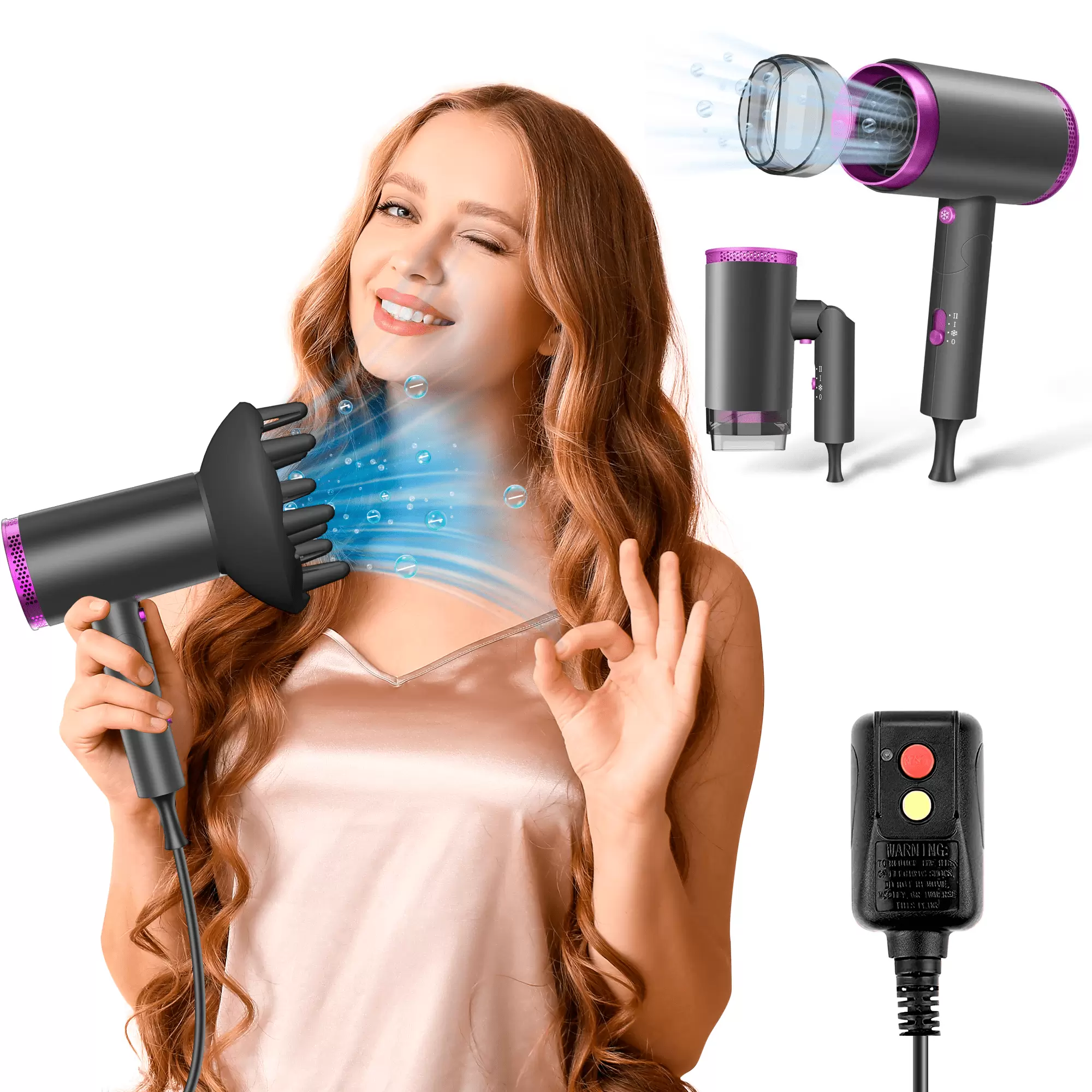 iFanze Ionic Hair Dryer. 1875W Professional Foldable Blow Dryer Safety Upgraded. Negative Ion Technolog. 3 Heating/2 Speed/Cold Settings. Contain 1 Nozzles and 1 Diffuser. for Home Salon Travel Kids